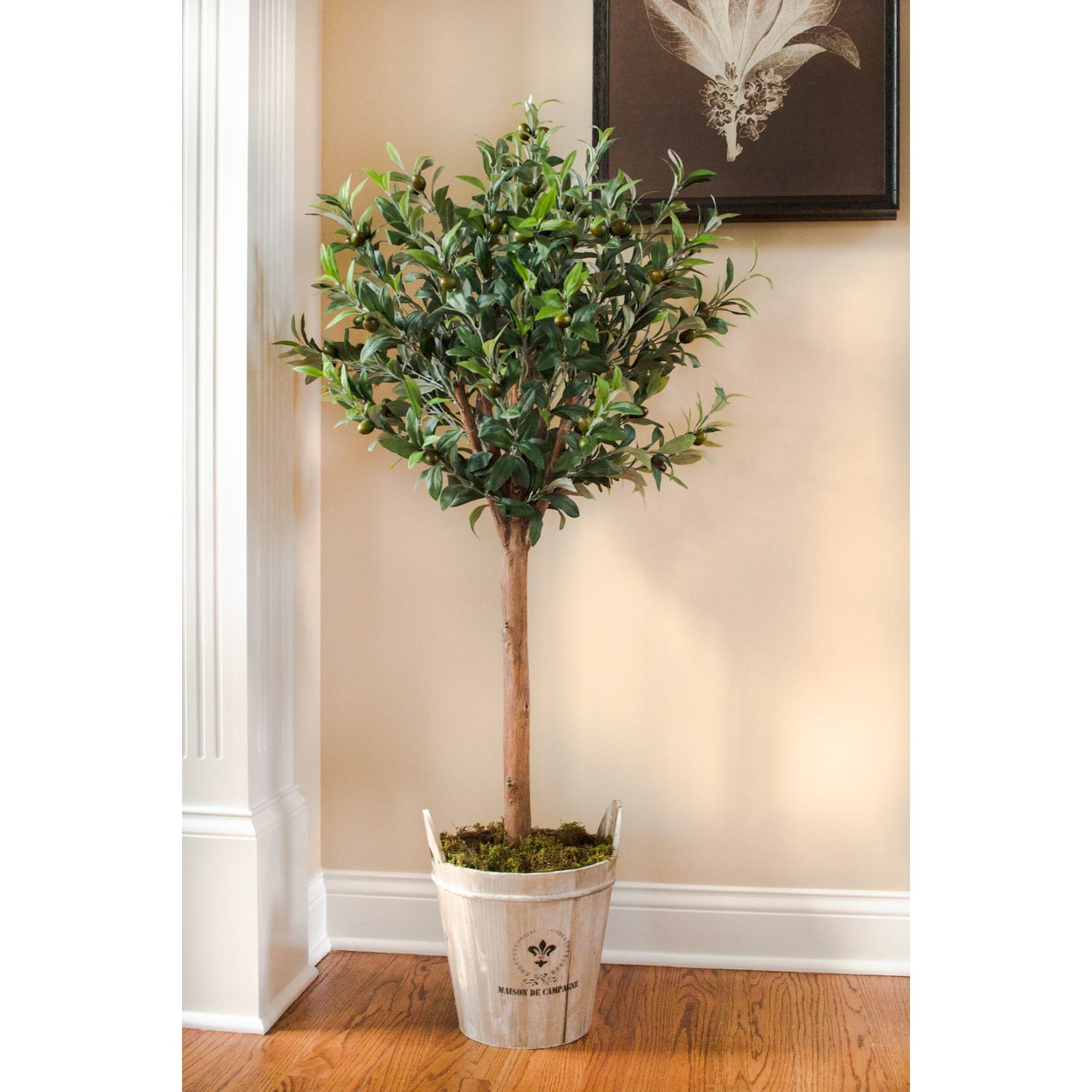 Nearly Natural 54in Olive Topiary Tree With European Barrel Planter, Green/Brown - Image 6