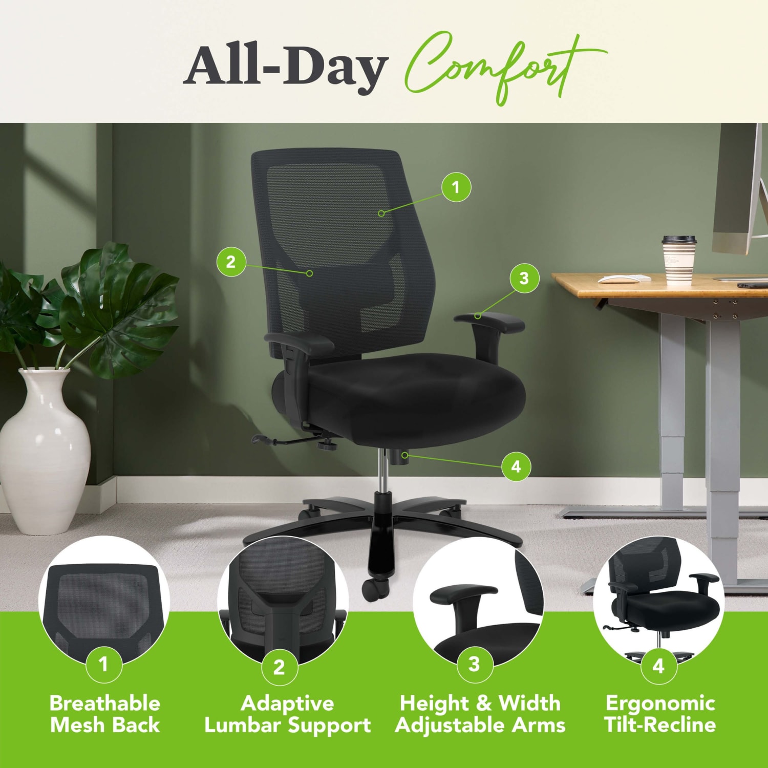 HON Basyx Big & Tall Mid Back Task Chair, Black - Image 5