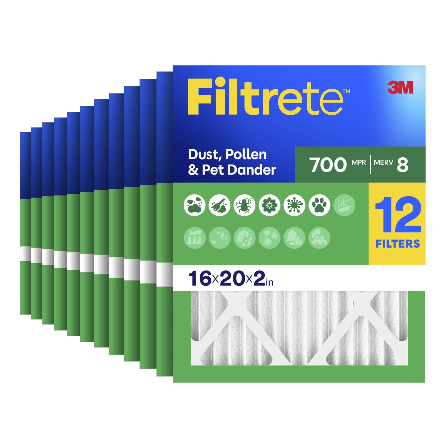 Filtrete 16 x 20 x 2 Air Filter, 12 HVAC Filters, MPR 700, MERV 8, Optimized HVAC Airflow, Dust, Pollen & Pet Dander, 3 Month AC and Furnace Filters