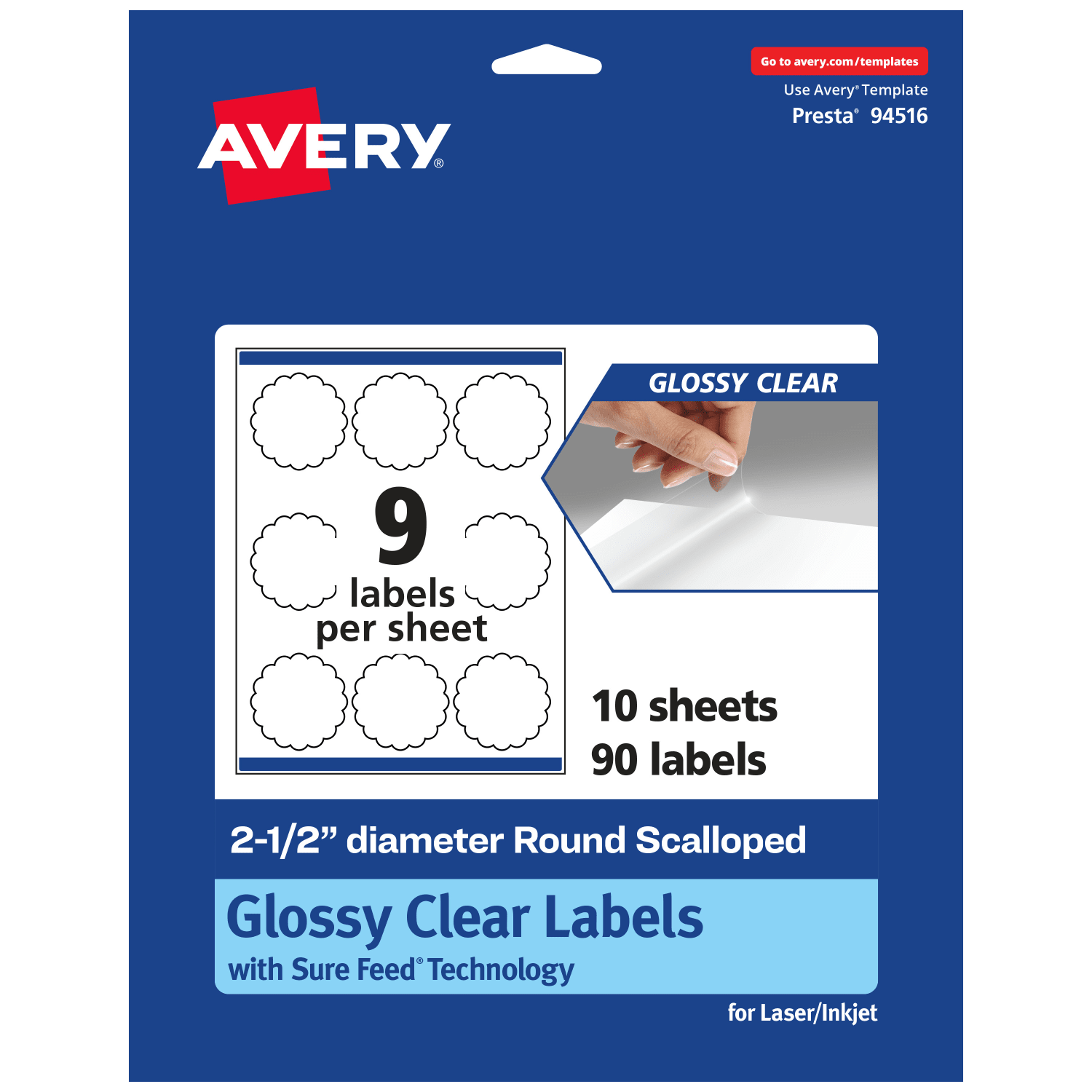 Avery Glossy Permanent Labels With Sure Feed, 94516-CGF10, Round Scalloped, 2-1/2in Diameter, Clear, Pack Of 90