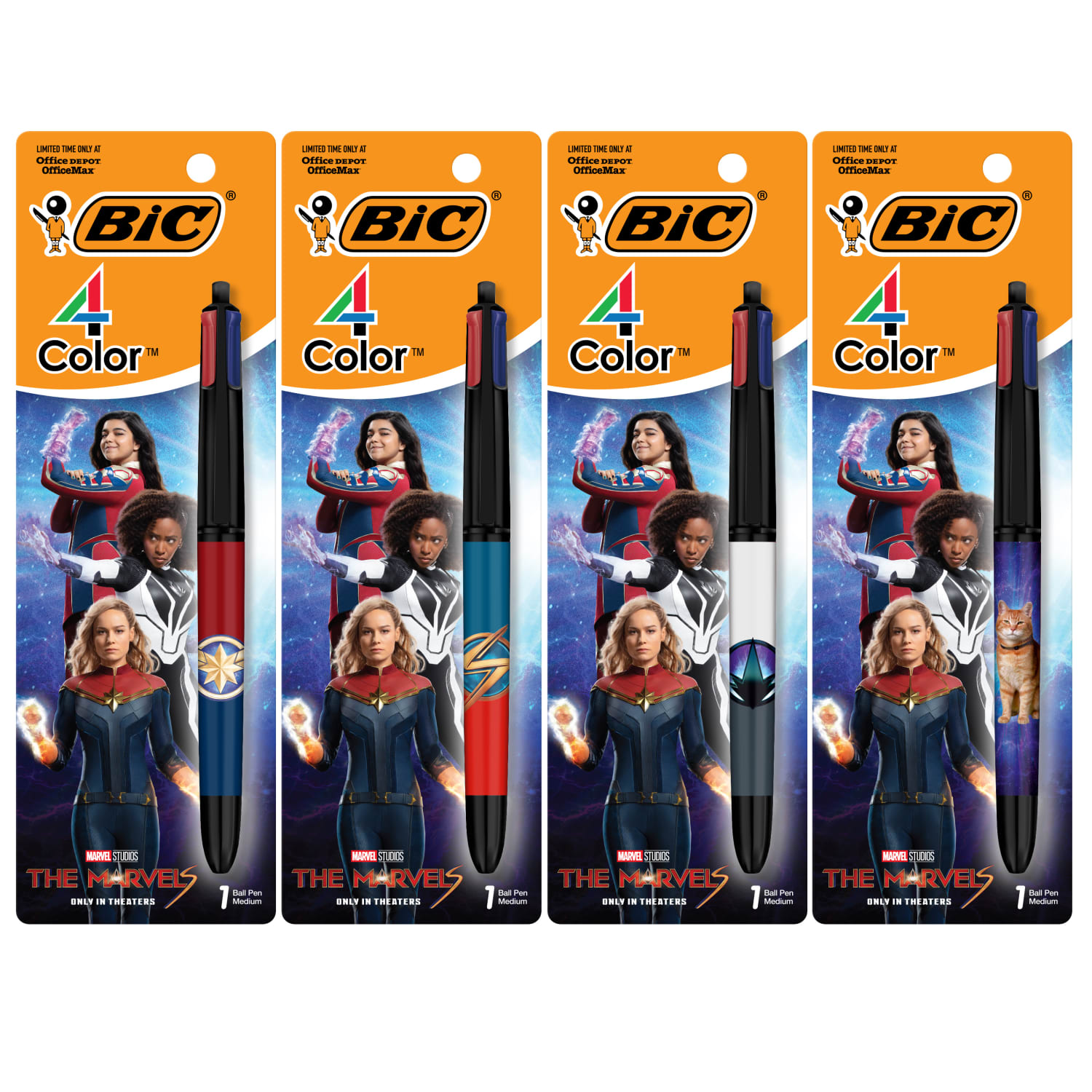 BIC 4 Color Marvel Studios The Marvels Edition Retractable Ballpoint Pens, Medium Point, 1.0 mm, Black Barrels, Assorted Ink Colors, Pack Of 4 Pens