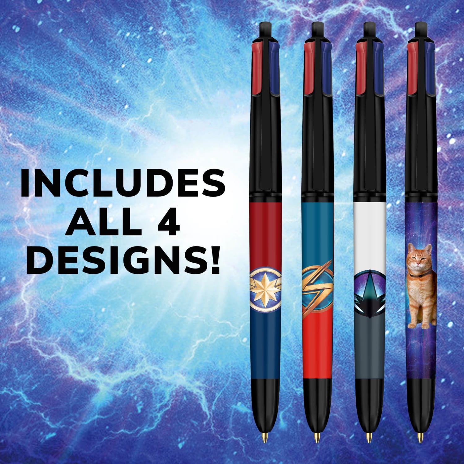 BIC 4 Color Marvel Studios The Marvels Edition Retractable Ballpoint Pens, Medium Point, 1.0 mm, Black Barrels, Assorted Ink Colors, Pack Of 4 Pens - Image 3