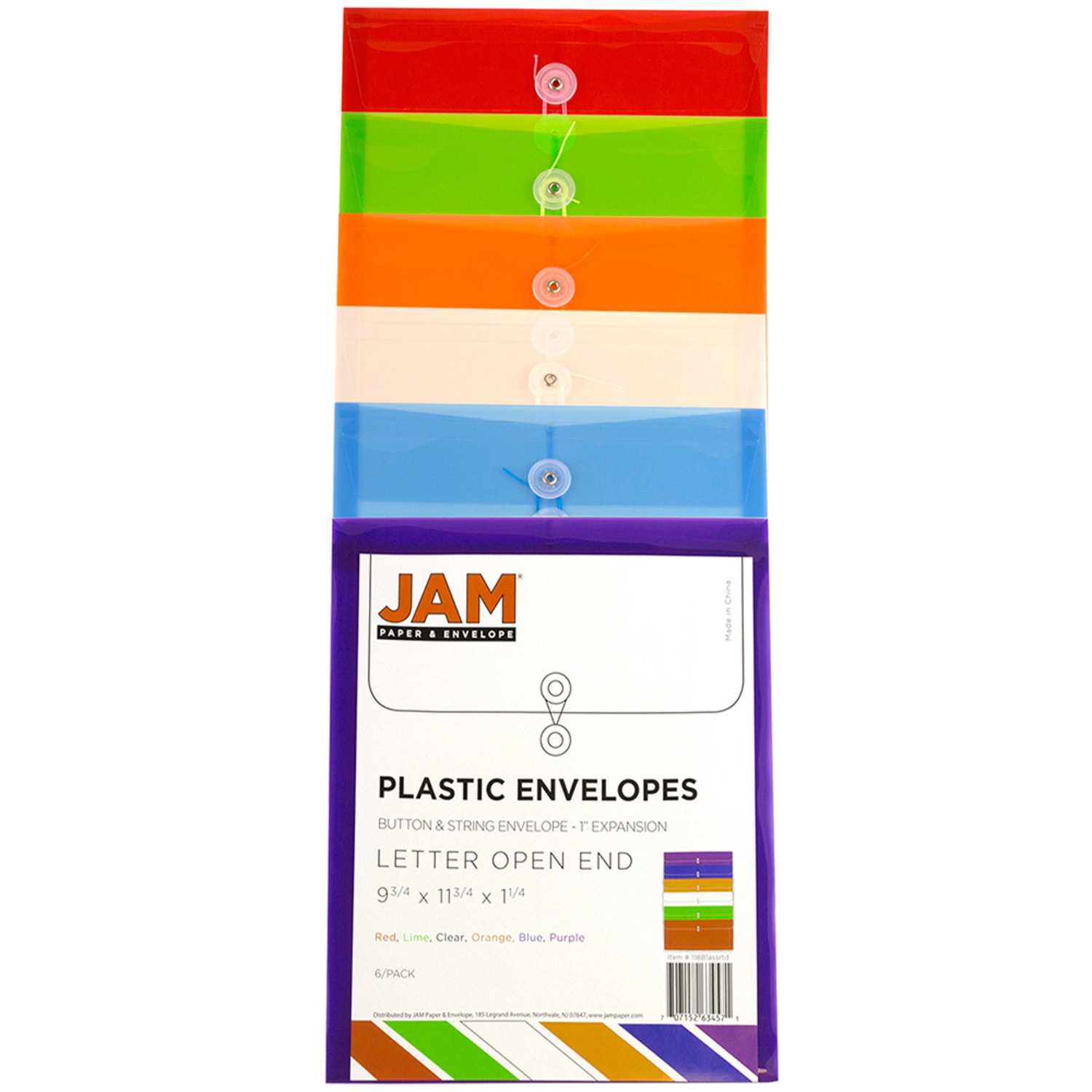 JAM Paper Plastic Open-End Envelopes, Letter, 11-3/4in x 9-3/4in, With Button & String Closure, Assorted Colors, Pack Of 6 Envelopes - Image 4