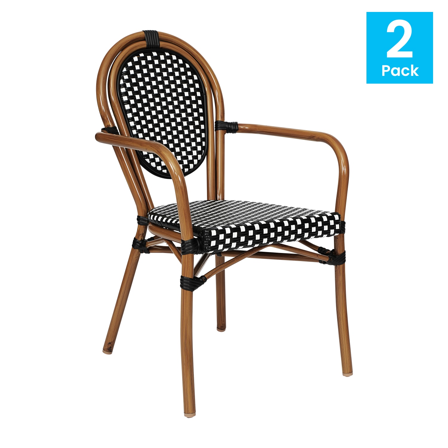 Flash Furniture 2 Pack Lourdes Indoor/Outdoor Commercial Thonet Bistro Stacking Chair with Arms, Black & White/Natural Frame -2SDA6422ABWNAT - Image 3