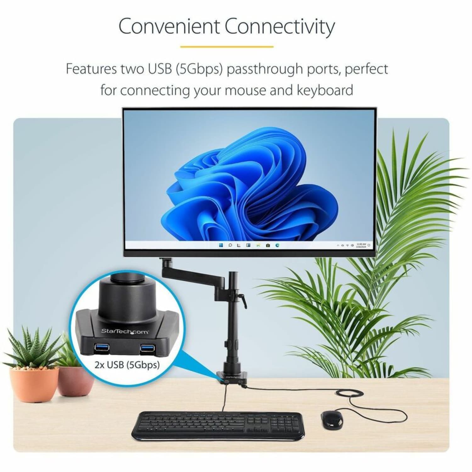 StarTech.com Desk Mount Monitor Arm with 2x USB 3.0 ports - Full Motion Single Monitor Pole Mount up to 34in VESA Display - C-Clamp/Grommet - Image 3