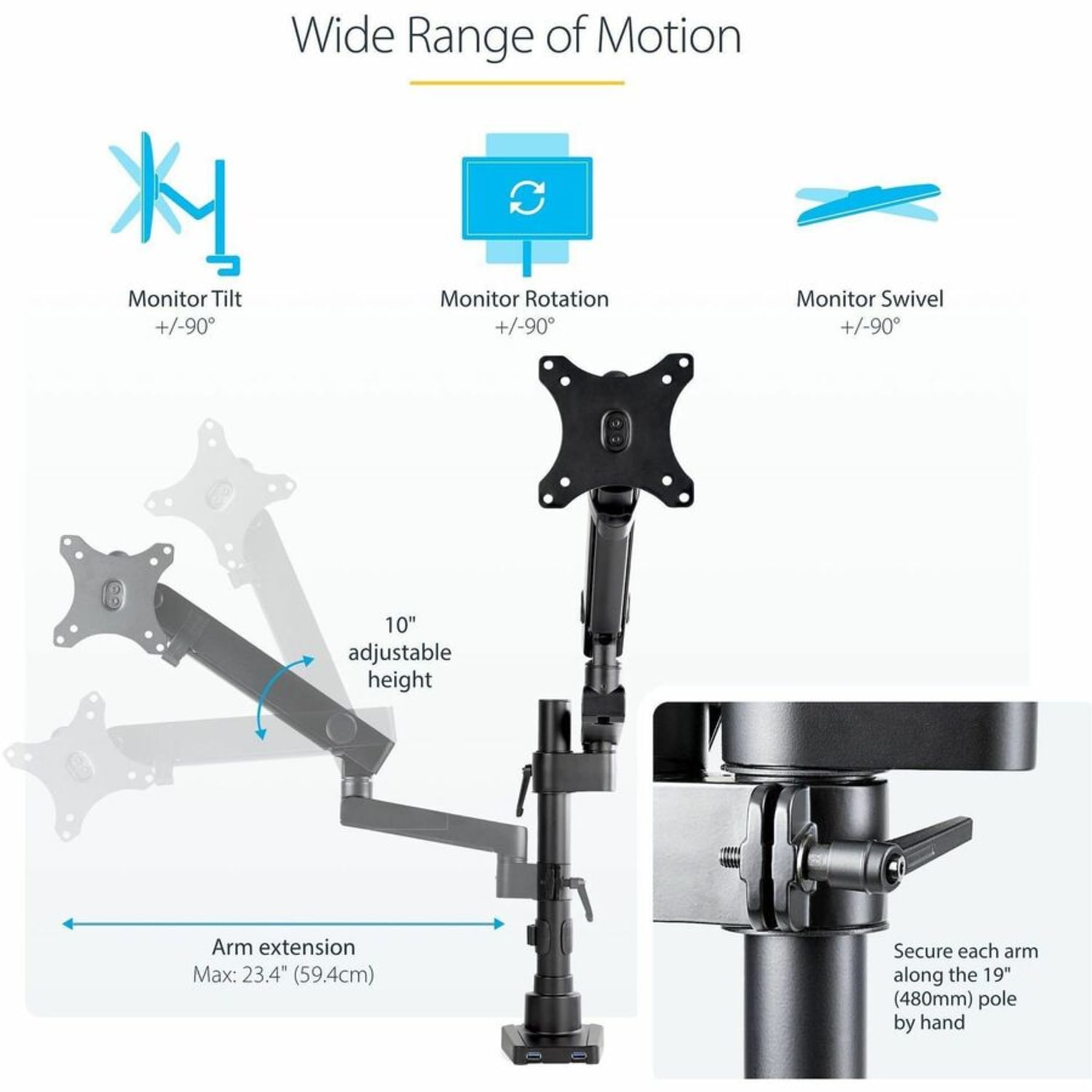 StarTech.com Desk Mount Monitor Arm with 2x USB 3.0 ports - Full Motion Single Monitor Pole Mount up to 34in VESA Display - C-Clamp/Grommet - Image 5