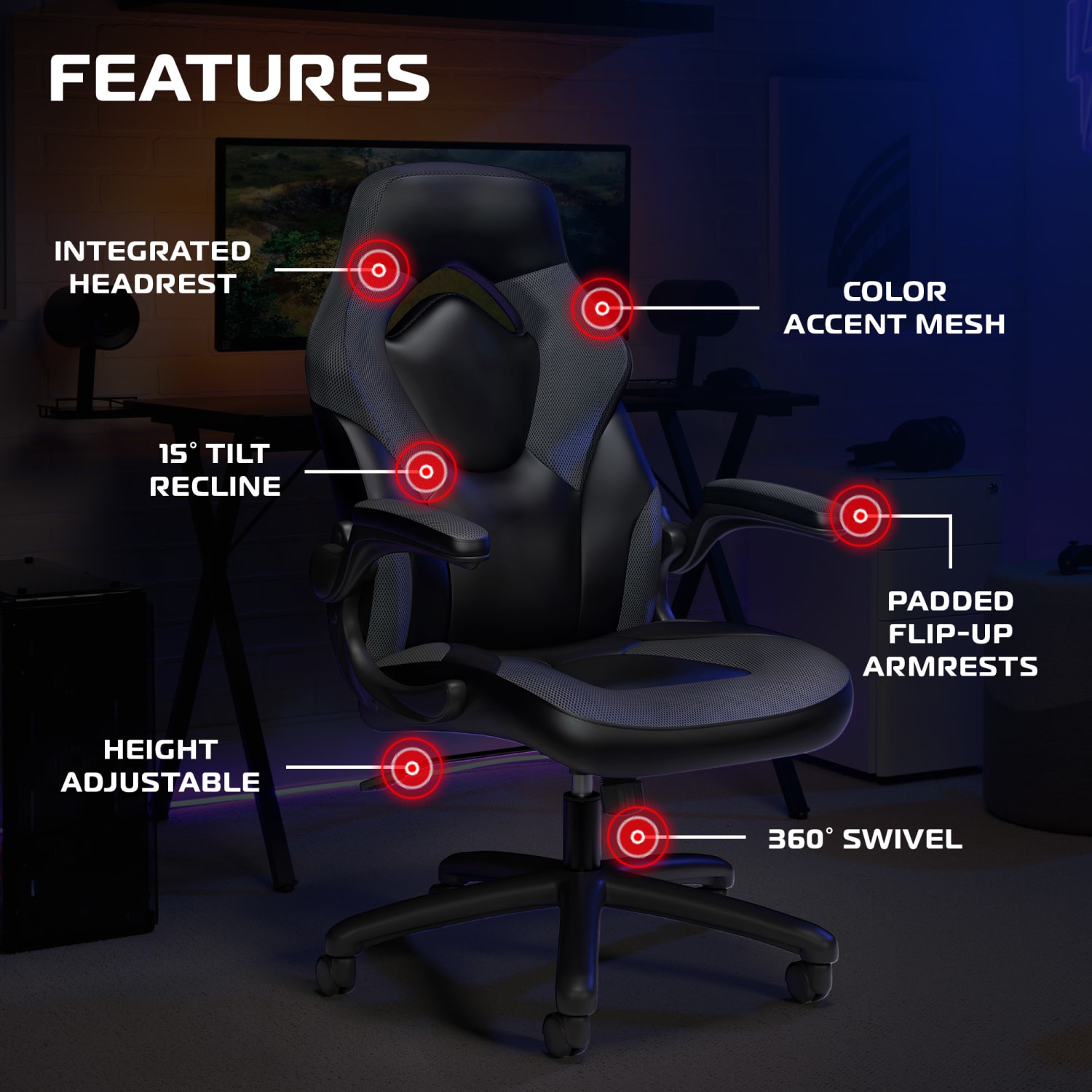 Respawn Racing Style Ergonomic Bonded Leather Computer Gaming Chair, Gray - Image 7