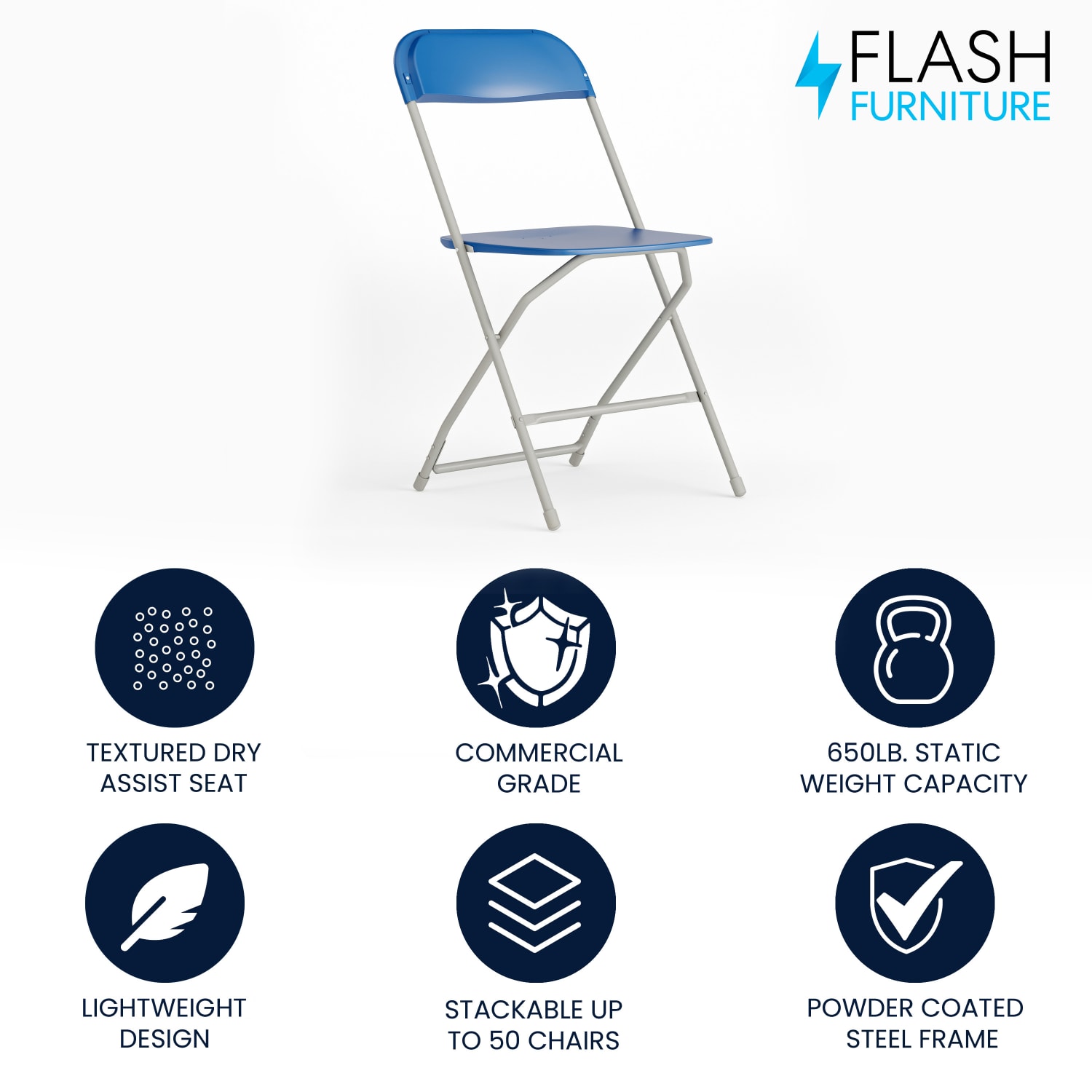 Flash Furniture HERCULES Series Premium Plastic Folding Chair, Blue/Gray - Image 3