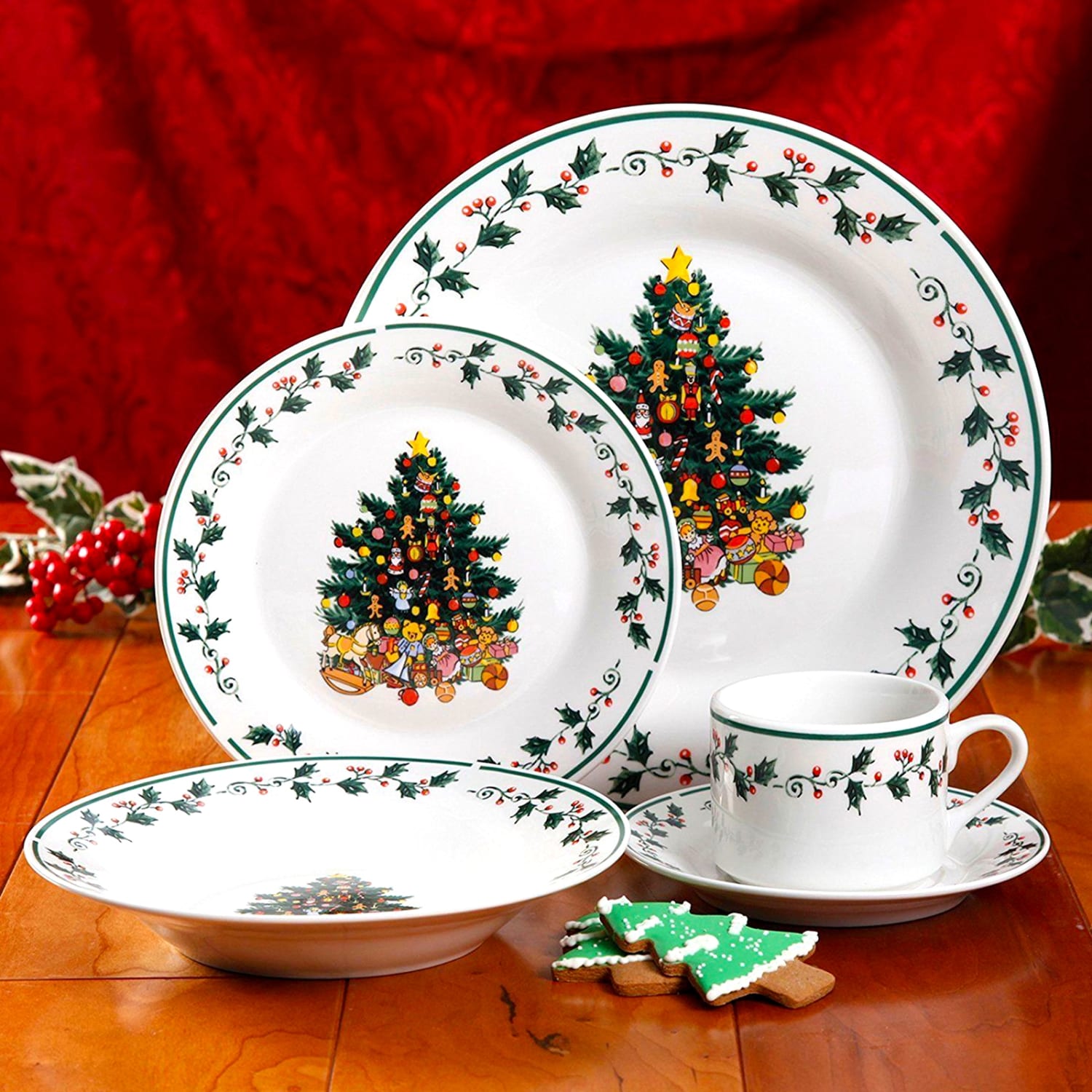 Gibson Home 20-Piece Ceramic Christmas Tree Dinnerware Set, Green - Image 4