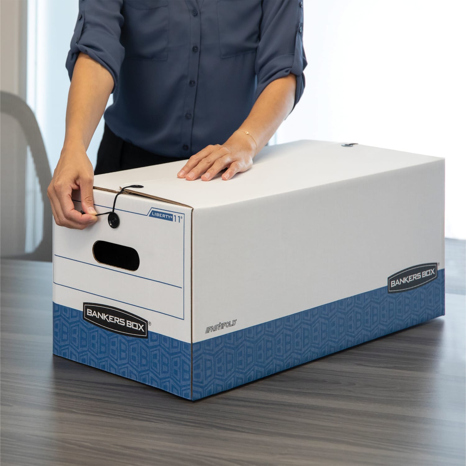 Bankers Box Liberty Specialty Size Standard-Duty Storage Boxes, 4 1/4in x 9 1/2in x 23 1/4in, 60% Recycled, Blue/White, Case Of 12 - Image 3