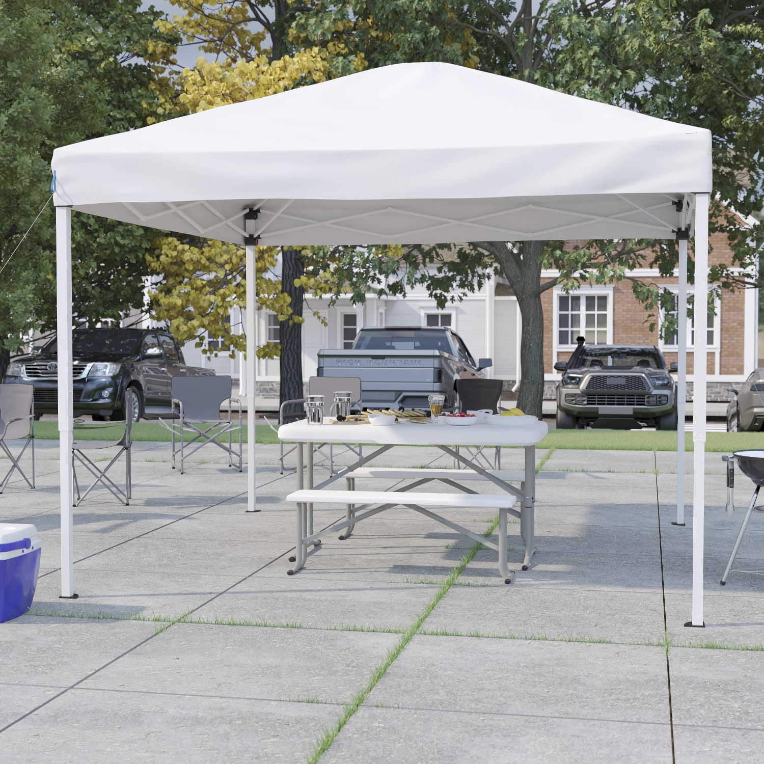 Flash Furniture 10ftx10ft Pop Up Event Canopy Tent with Carry Bag and Folding Bench Set - Portable Tailgate, Camping, Event Set, White