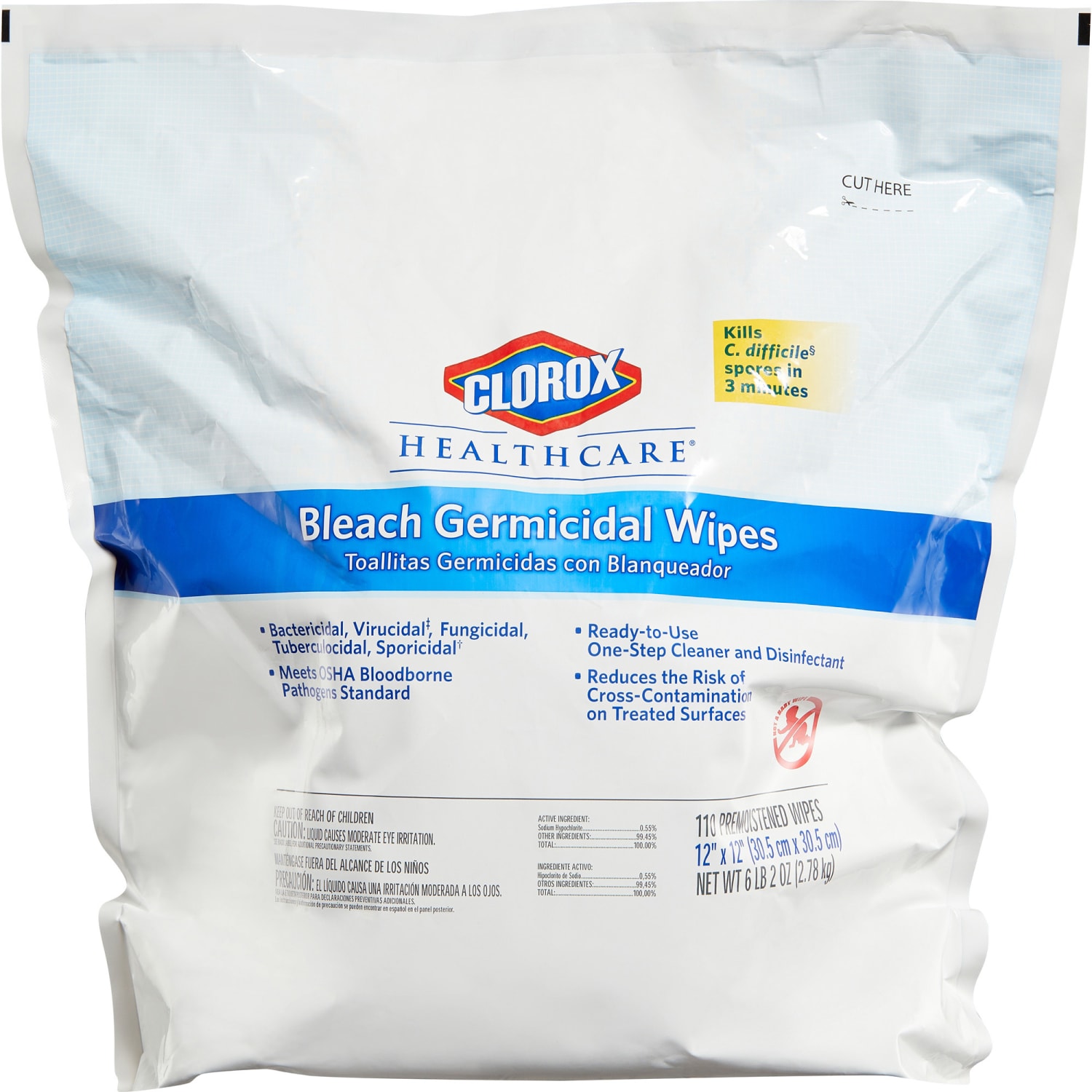 Clorox Healthcare Bleach Germicidal Wipes, 12in x 12in, White, 110 Wipes Per Pack, Case Of 2 Packs - Image 3