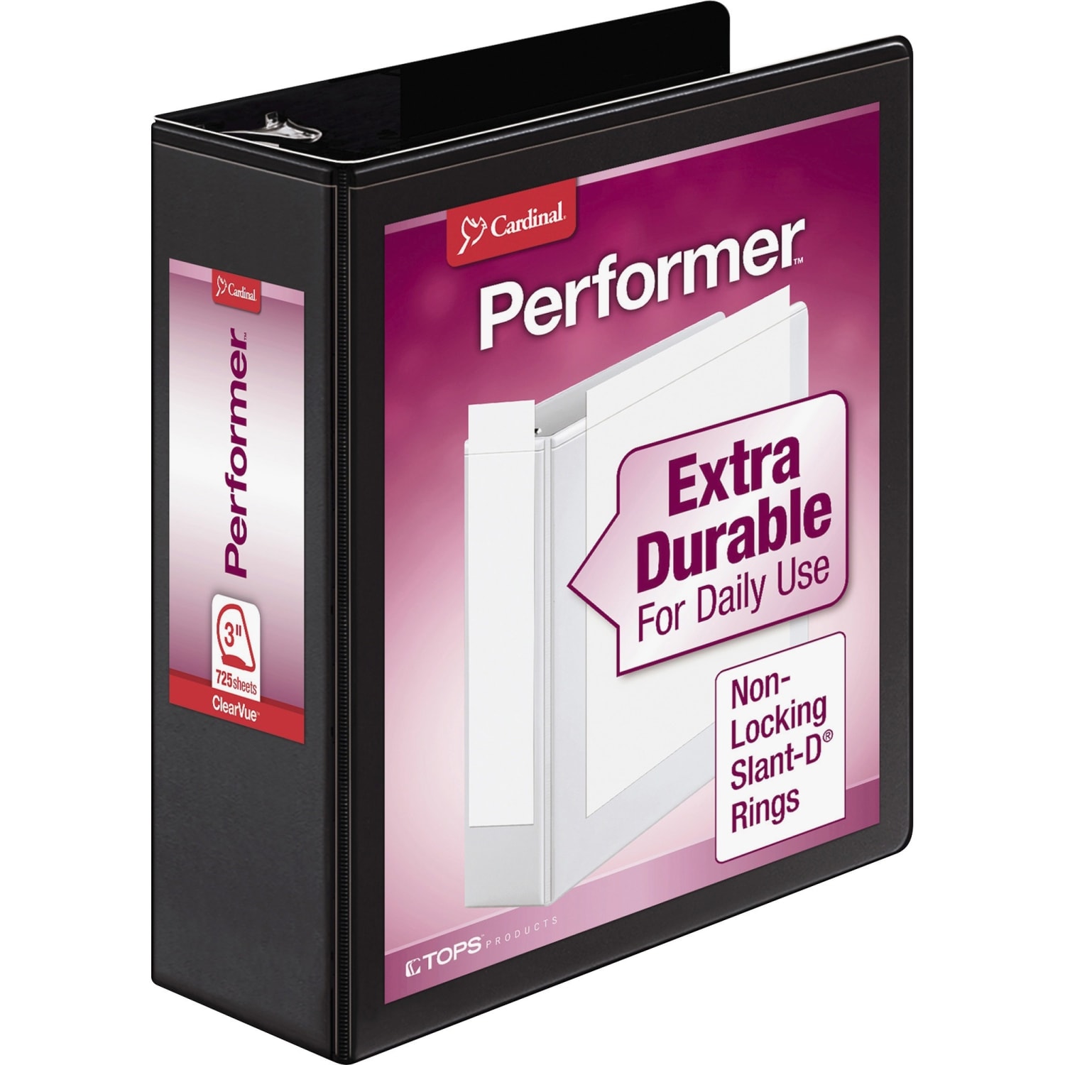 Cardinal Performer ClearVue 3-Ring Binder, 3in Slant Rings, Black