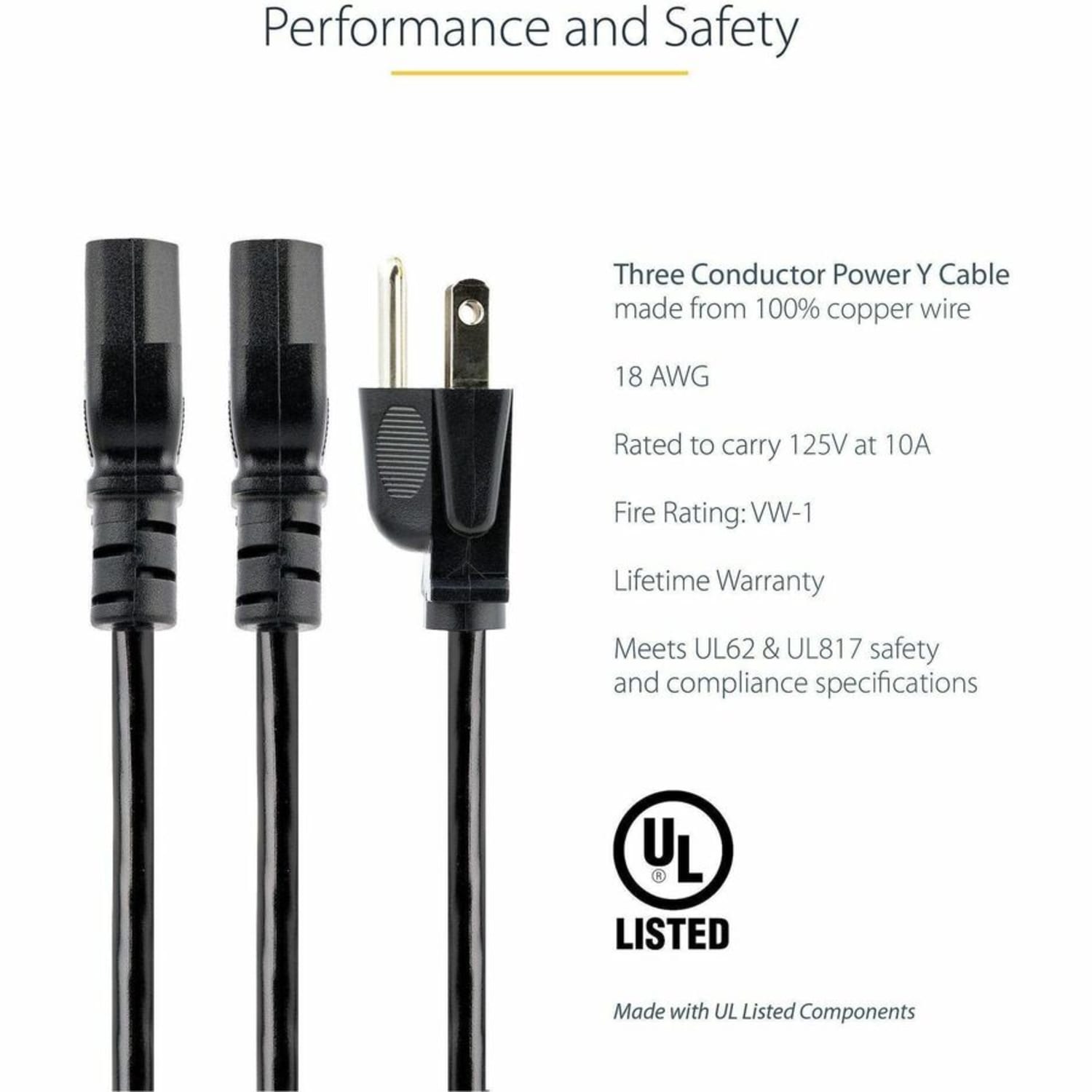StarTech.com 10 ft Computer Power Cord - NEMA 5-15P to 2x C13 - C13 Y-Cable - Power Cord Y Splitter Cable - Image 3