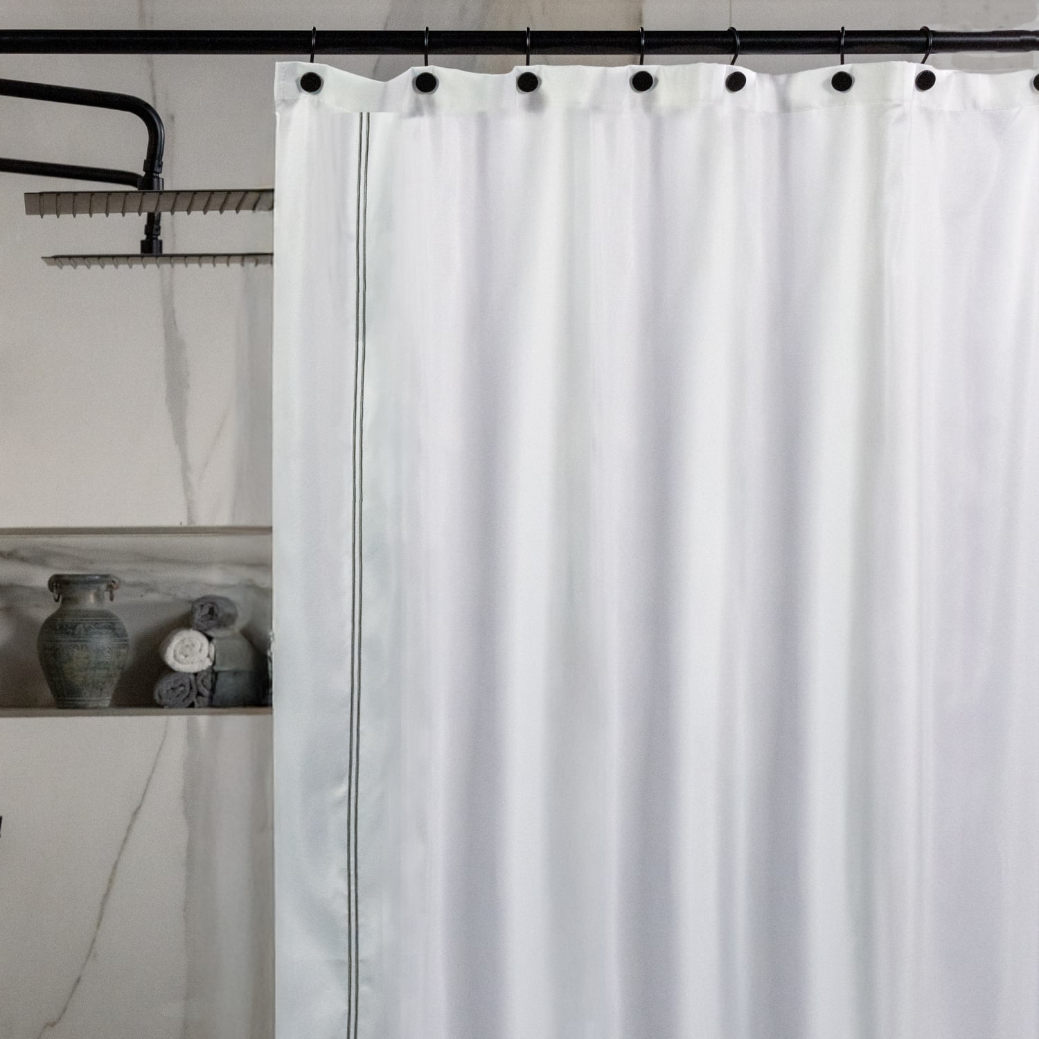 23 Threads Shower Curtain, Embroidered GRS Polyester, Grommet, White/Taupe, 72in x 72in, Case of 12