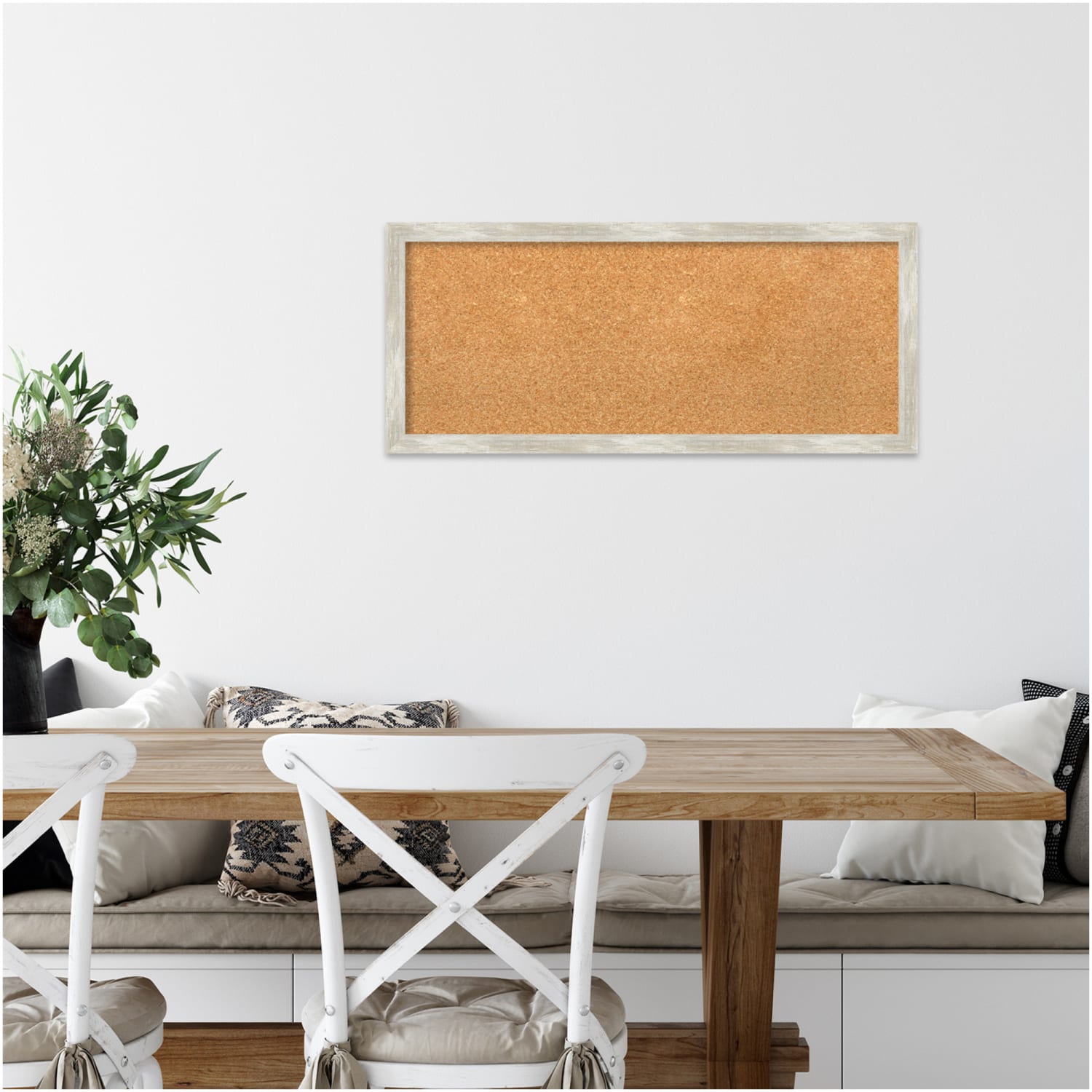 Amanti Art Rectangular Non-Magnetic Cork Bulletin Board, Natural, 32in x 14in, Crackled Metallic Narrow Plastic Frame - Image 3