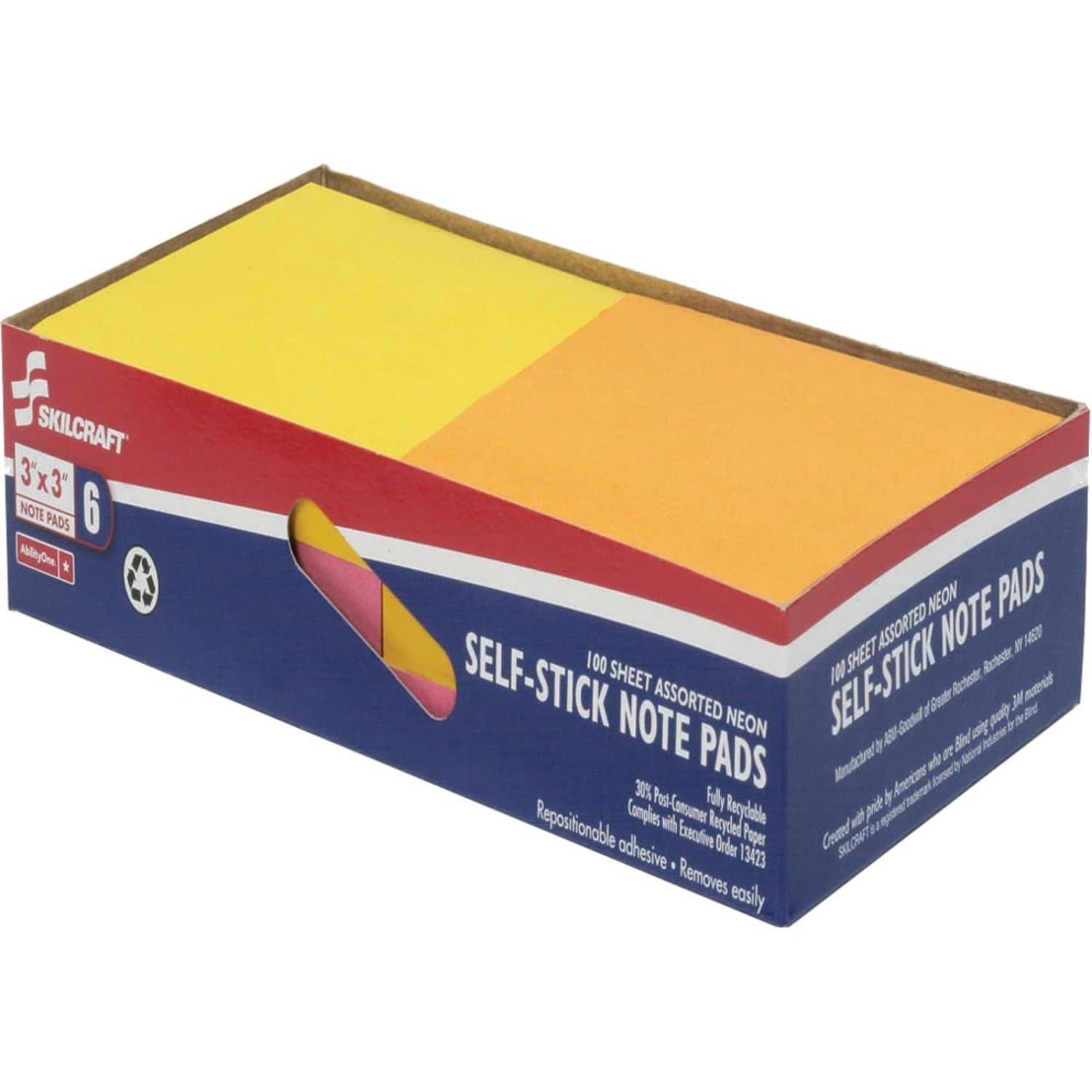 SKILCRAFT Self-Stick Note Pads, 600 Total Notes, Pack Of 6 Pads, 3in x 3in, Neon, 100 Notes Per Pad - Image 3