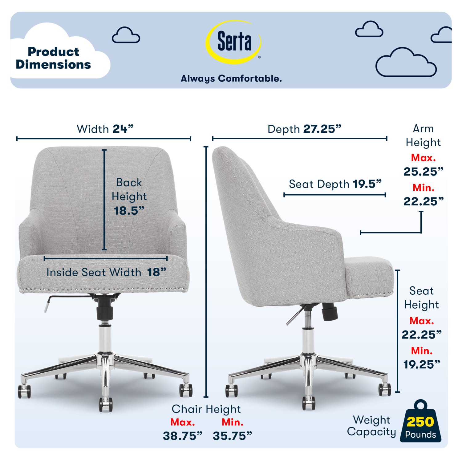 Serta Leighton MidBack Office Chair Light GrayChrome PopularChairscom Serta Leighton Mid Back Office Chair Light GrayChrome PopularChairscom