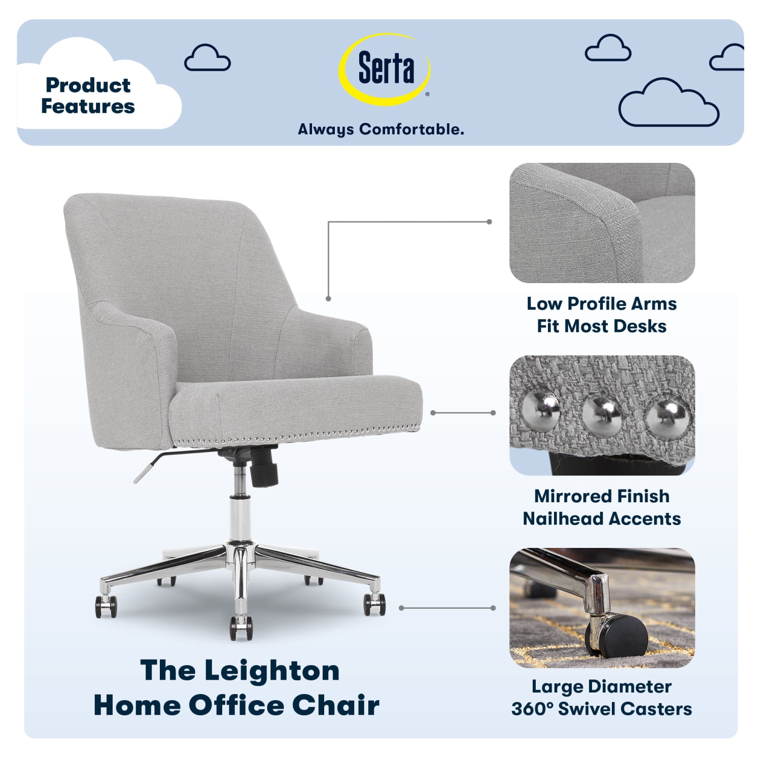 Serta Leighton MidBack Office Chair Light GrayChrome PopularChairscom Serta Leighton Mid Back Office Chair Light GrayChrome PopularChairscom