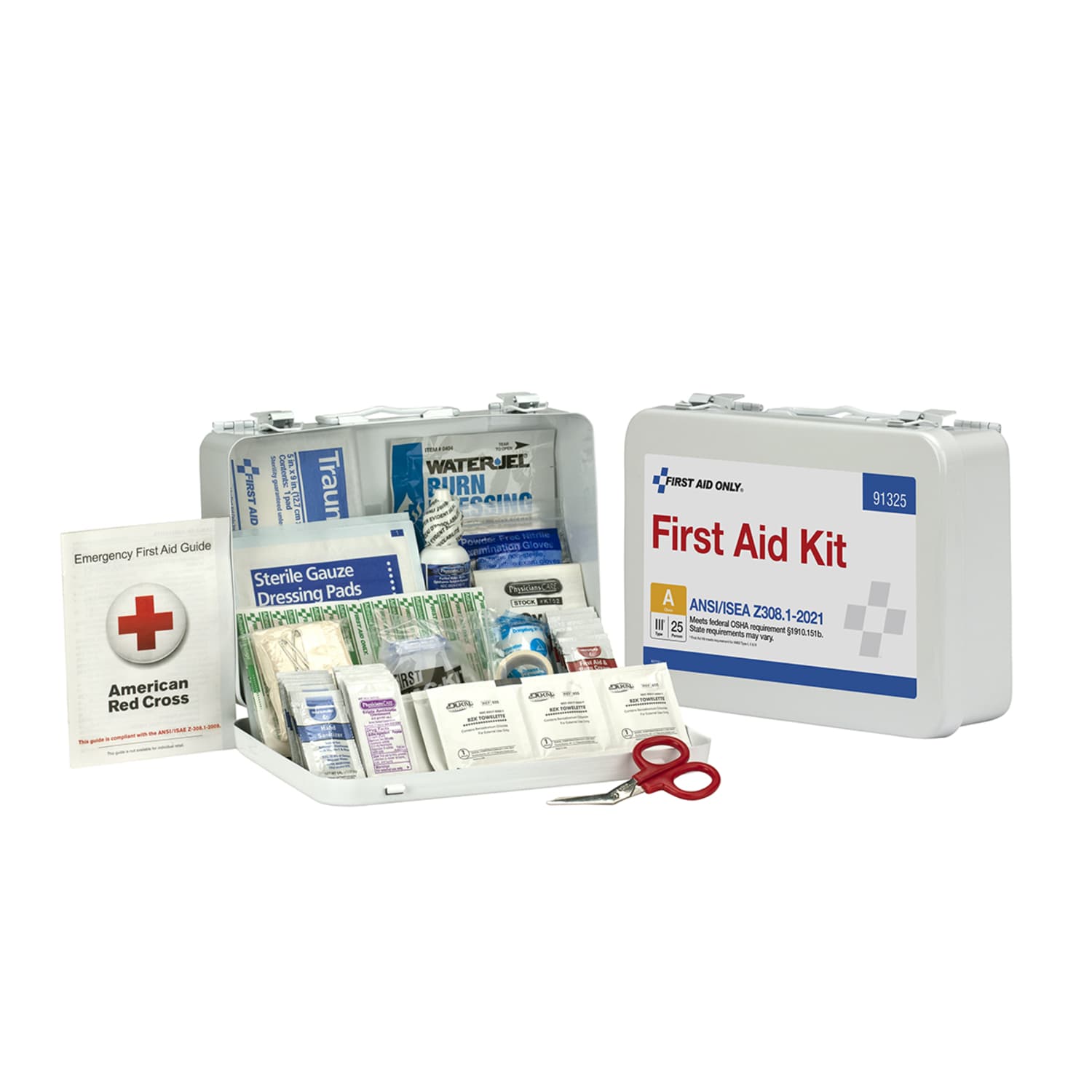 First Aid Only 25-Person Metal First Aid Kit, 6-1/2inH x 9-1/2inW x 3inD, Kit Of 94 Pieces
