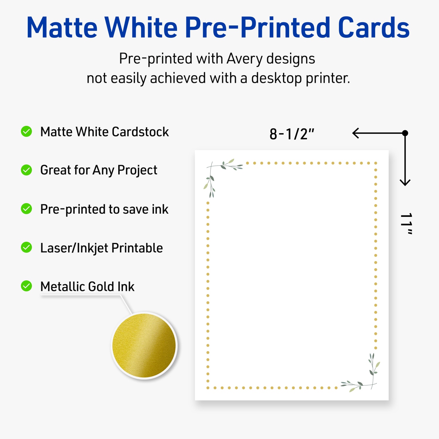 Avery Printable Cards, 8-1/2in x 11in, Matte White With Gold Dots/Green Floral Design, Pack Of 10 - Image 4
