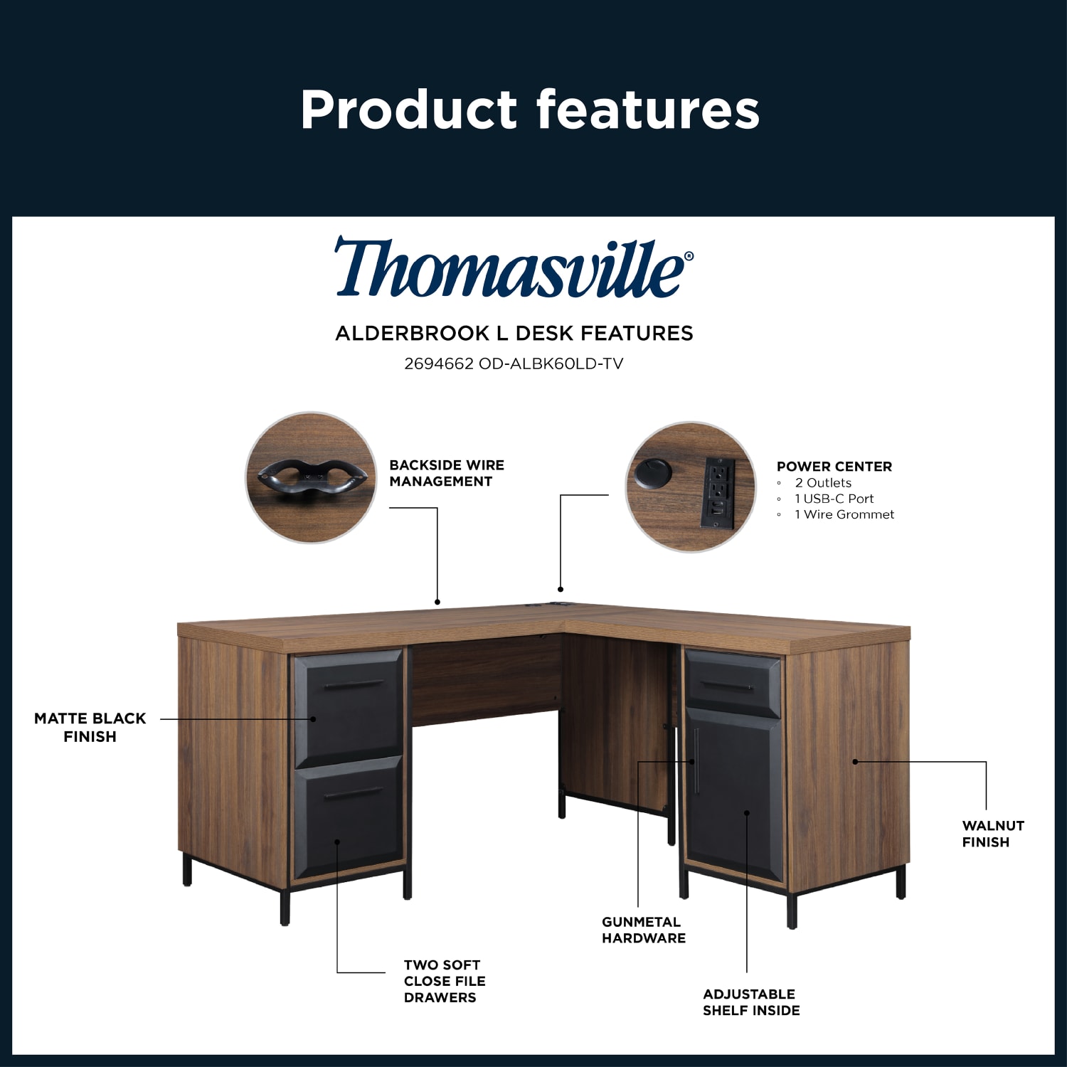 Thomasville Alderbrook 60inW L-Shaped Corner Desk With Integrated Power Outlet, Walnut/Matte Black - Image 5