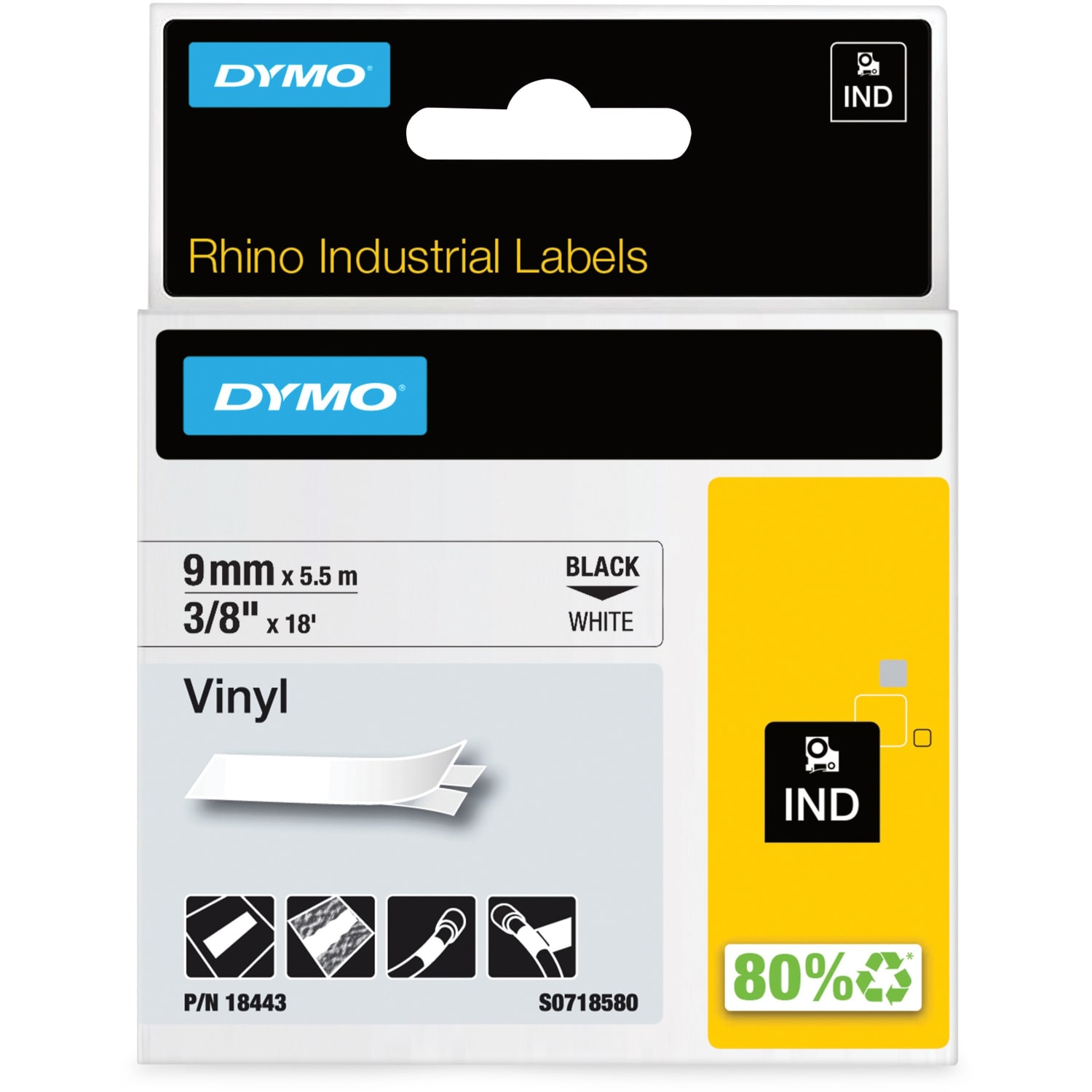 Dymo Rhino Industrial Vinyl Labels - 23/64inx 18 3/64 ft - Permanent Adhesive - Rectangle - Thermal Transfer - 18443