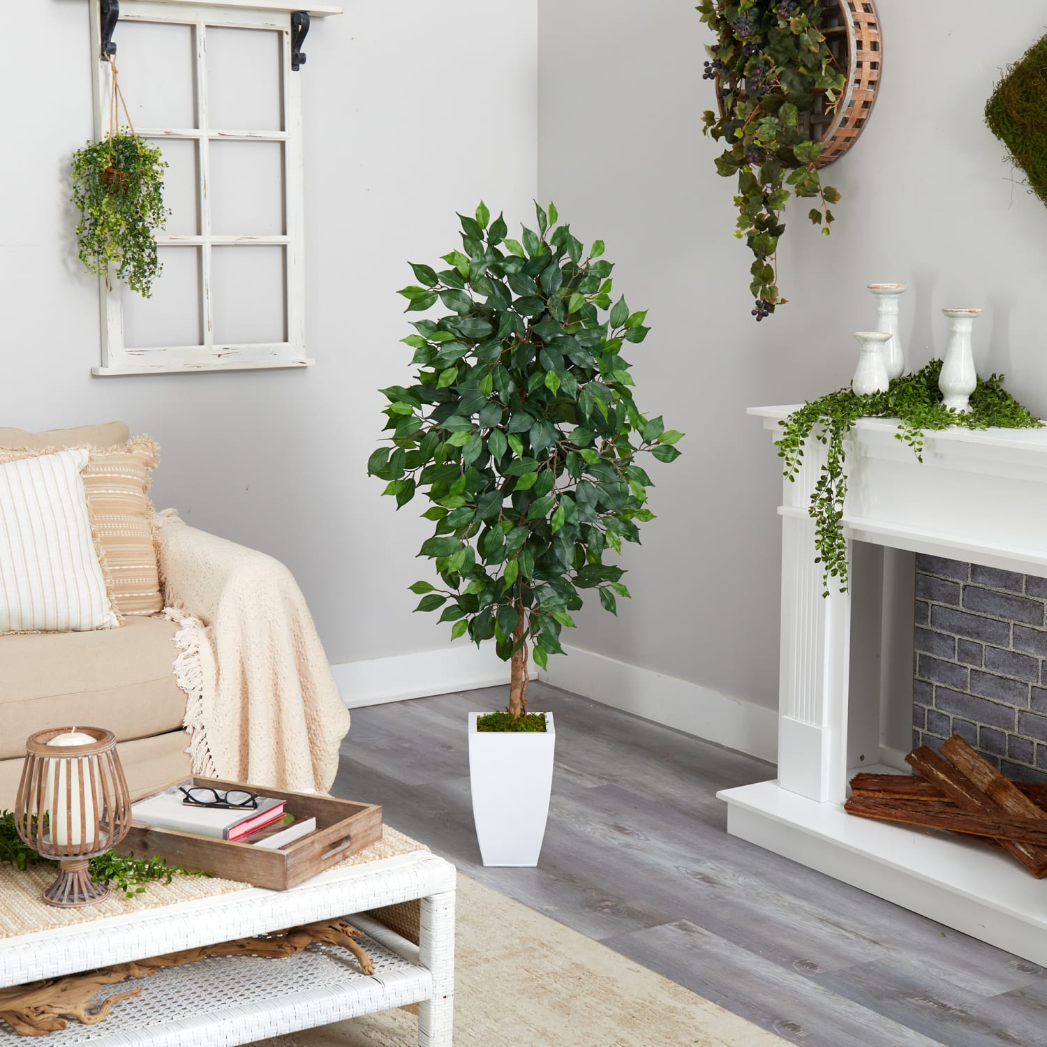 Nearly Natural Ficus 54inH Artificial Plant With Metal Planter, 54inH x 21inW x 19inD, Green/White - Image 5