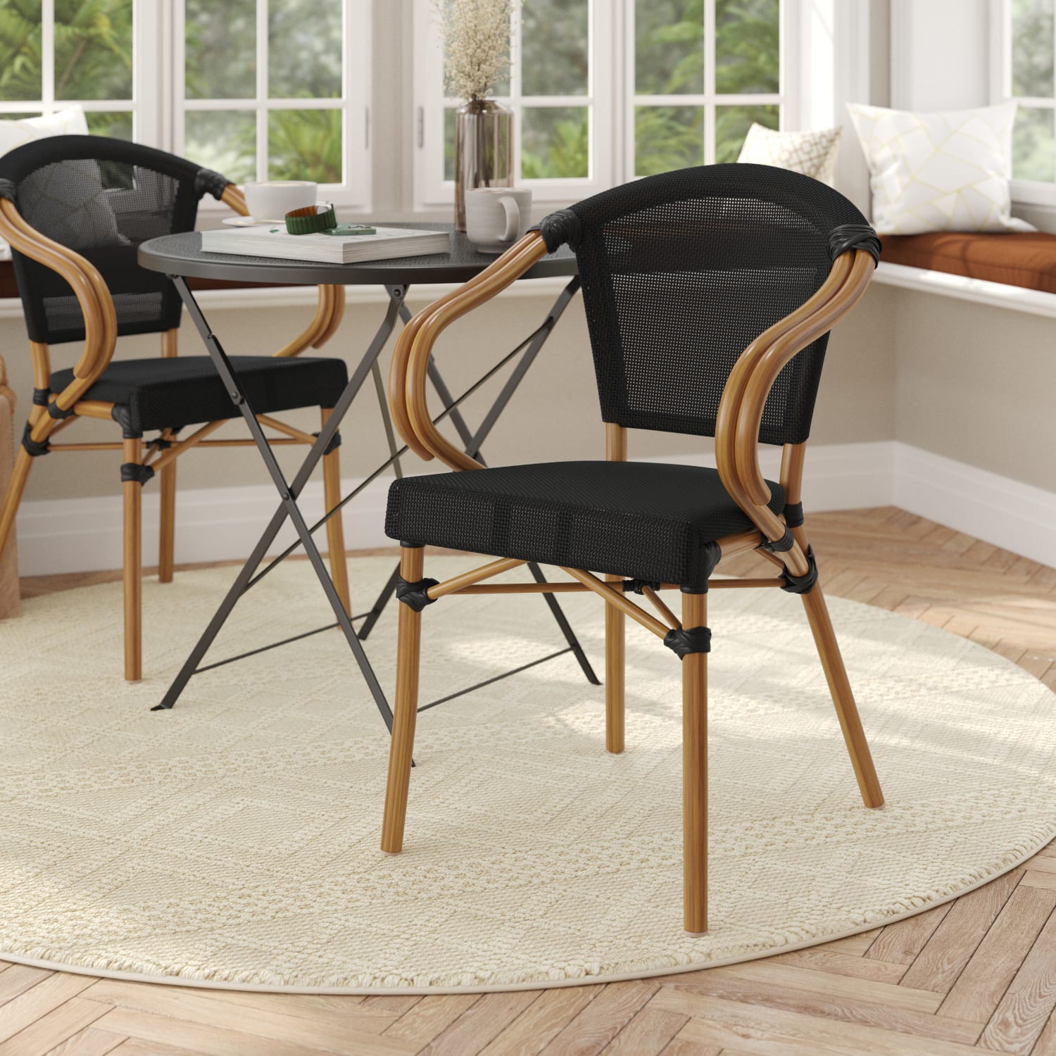 Flash Furniture Marseille Indoor/Outdoor Commercial Bistro Stacking Chair with Arms, Textilene and Bamboo Print Aluminum Frame, Black/Natural Frame - Image 3
