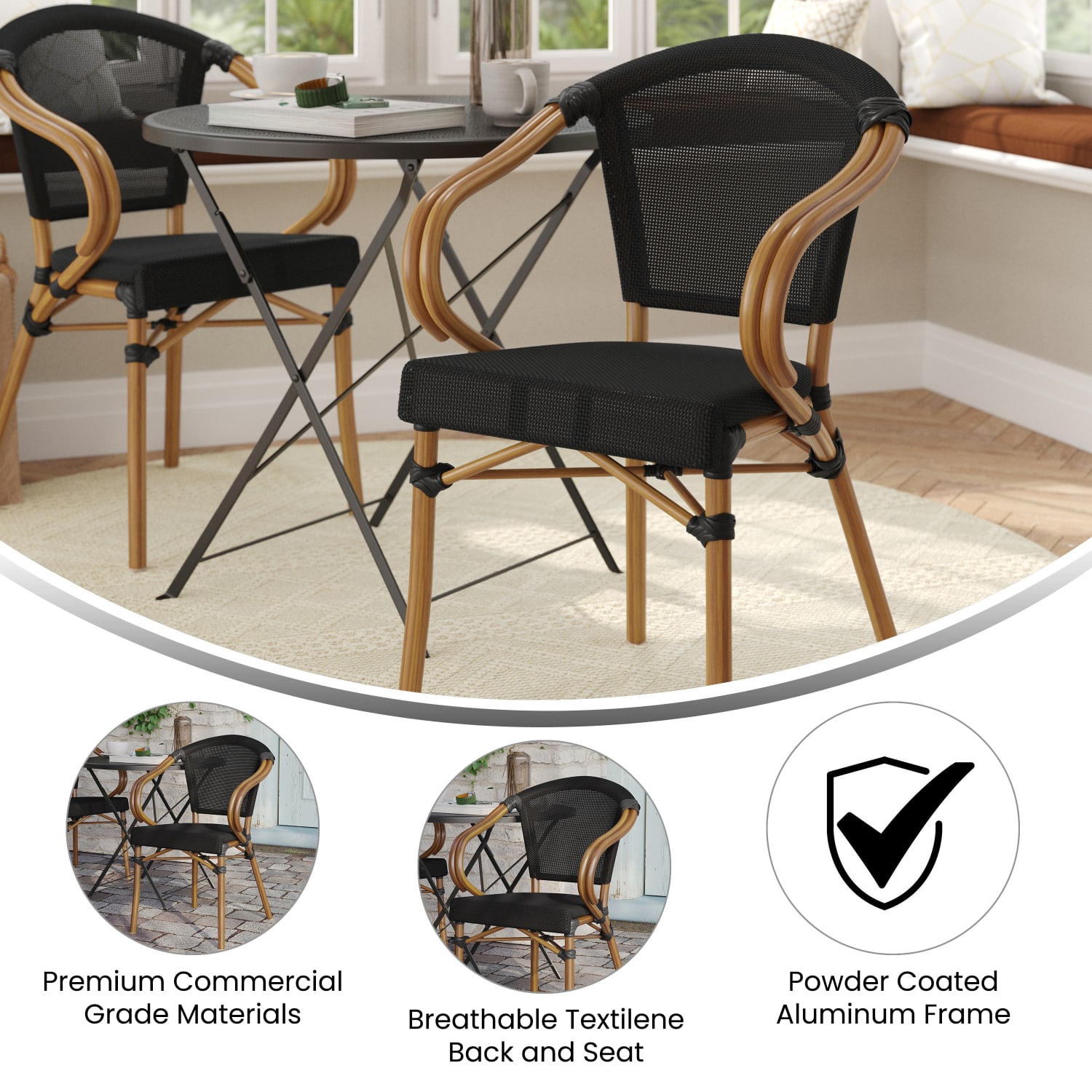 Flash Furniture Marseille Indoor/Outdoor Commercial Bistro Stacking Chair with Arms, Textilene and Bamboo Print Aluminum Frame, Black/Natural Frame - Image 4