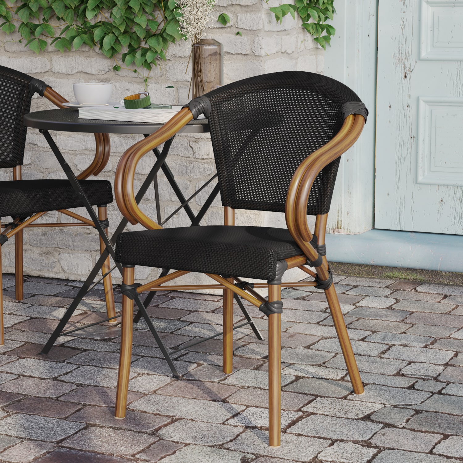 Flash Furniture Marseille Indoor/Outdoor Commercial Bistro Stacking Chair with Arms, Textilene and Bamboo Print Aluminum Frame, Black/Natural Frame - Image 5