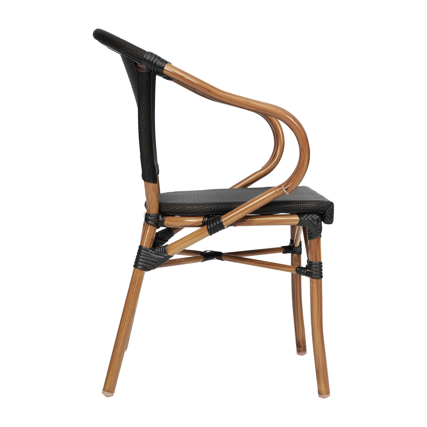 Flash Furniture Marseille Indoor/Outdoor Commercial Bistro Stacking Chair with Arms, Textilene and Bamboo Print Aluminum Frame, Black/Natural Frame - Image 9