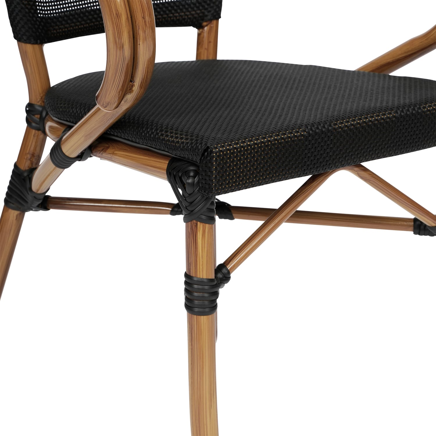 Flash Furniture Marseille Indoor/Outdoor Commercial Bistro Stacking Chair with Arms, Textilene and Bamboo Print Aluminum Frame, Black/Natural Frame - Image 12