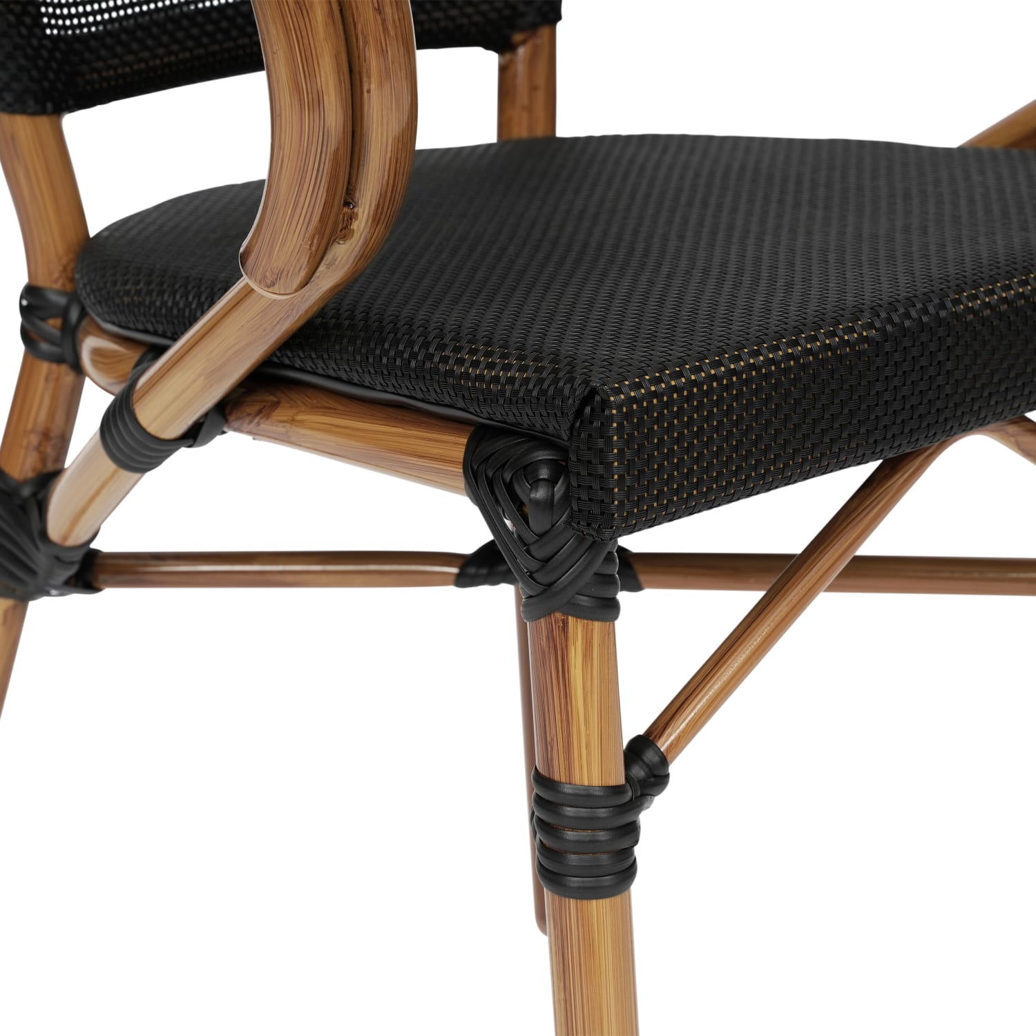 Flash Furniture Marseille Indoor/Outdoor Commercial Bistro Stacking Chair with Arms, Textilene and Bamboo Print Aluminum Frame, Black/Natural Frame - Image 13
