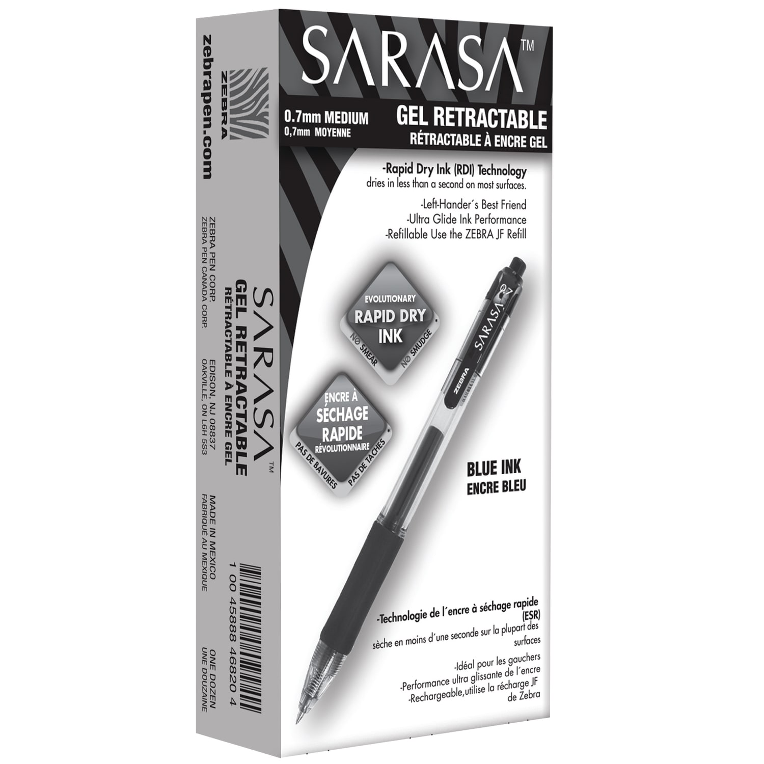 Zebra Pen SARASA Retractable Gel Pens, Pack Of 12, Medium Point, 0.7 mm, Clear Barrel, Blue Ink