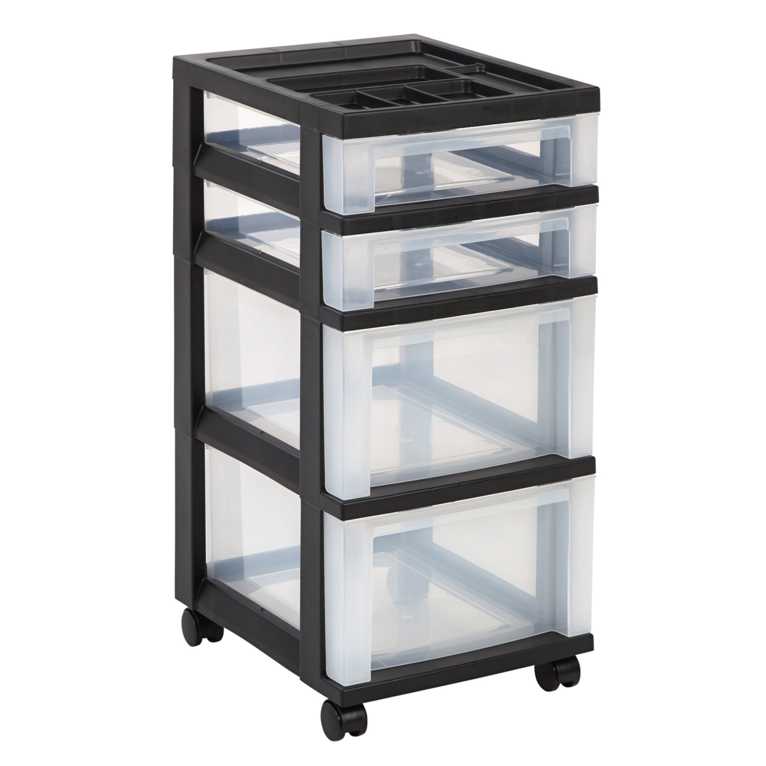Iris Plastic 4-Drawer Rolling Storage Cart, 26 7/16inH x 12 1/8inW x 14 15/16inD, Clear/Black - Image 3