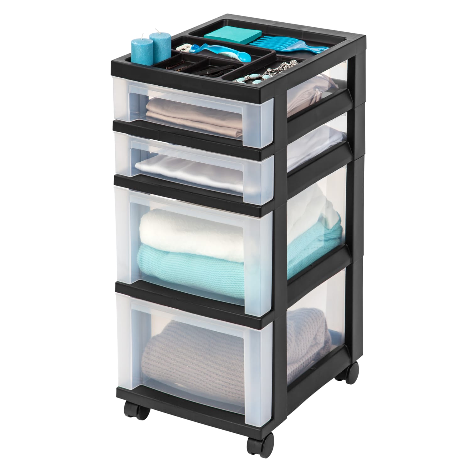 Iris Plastic 4-Drawer Rolling Storage Cart, 26 7/16inH x 12 1/8inW x 14 15/16inD, Clear/Black - Image 5