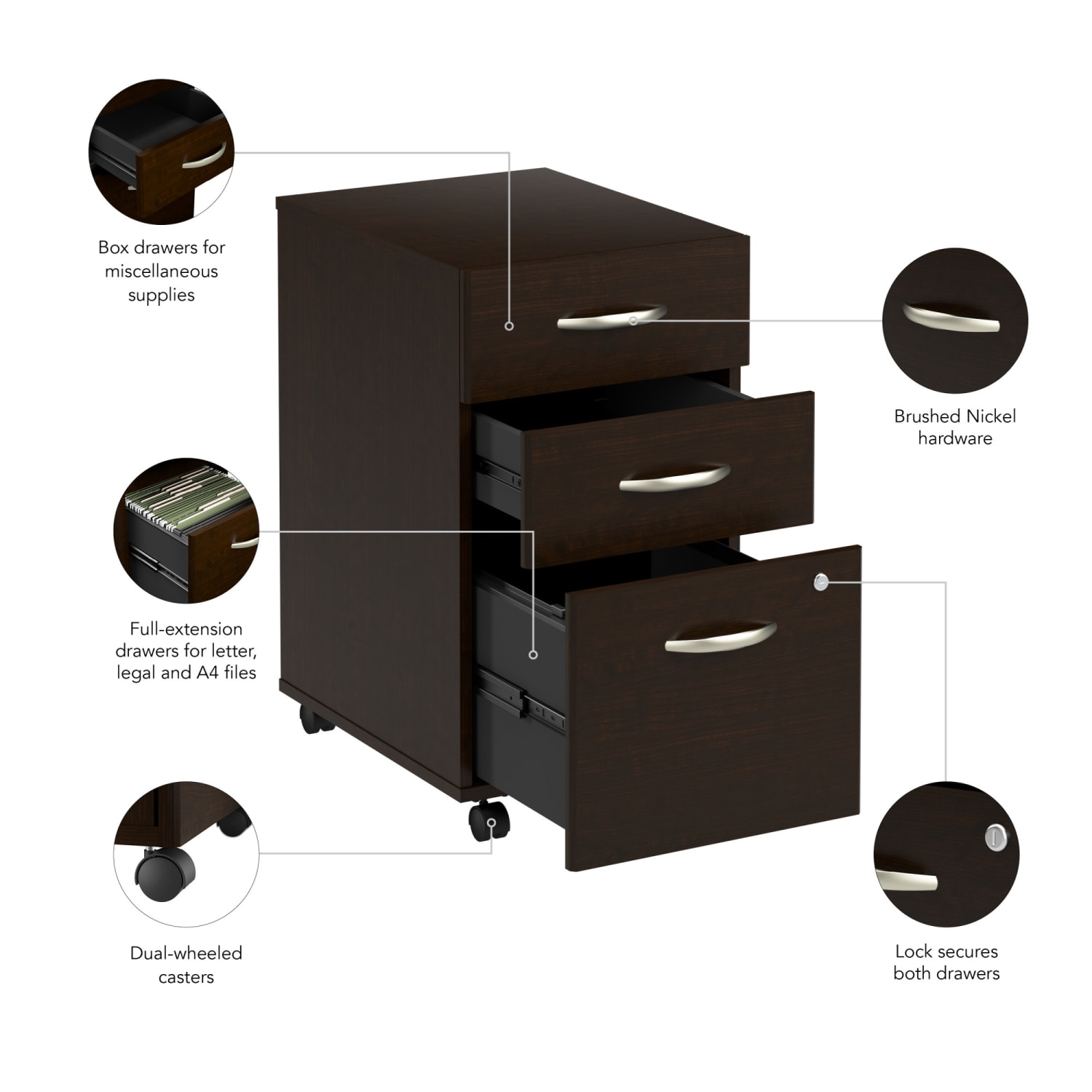 Bush Business Furniture Arrive 16inW 3 Drawer Mobile File Cabinet - Assembled, Mocha Cherry, Standard Delivery - Image 5