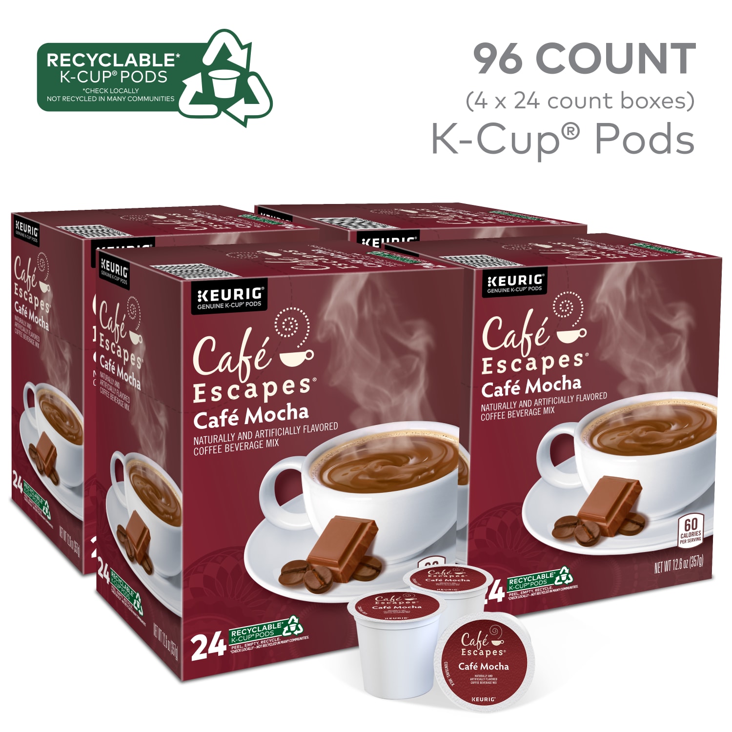 Cafe Escapes Cafe Mocha Keurig Single-Serve K-Cup Pods, 24 Pods Per Pack, Case Of 4 Packs - Image 3