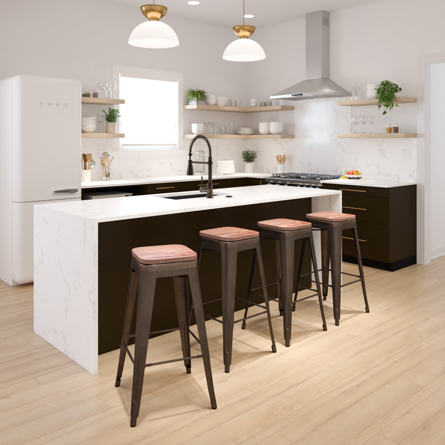 Flash Furniture 30in High Metal Indoor Bar Stool with Wood Seat - Stackable Set of 4, Gun Metal