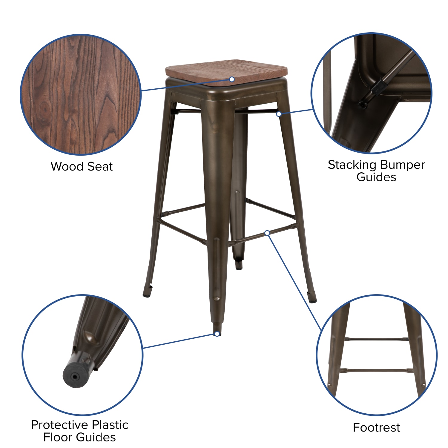 Flash Furniture 30in High Metal Indoor Bar Stool with Wood Seat - Stackable Set of 4, Gun Metal - Image 5
