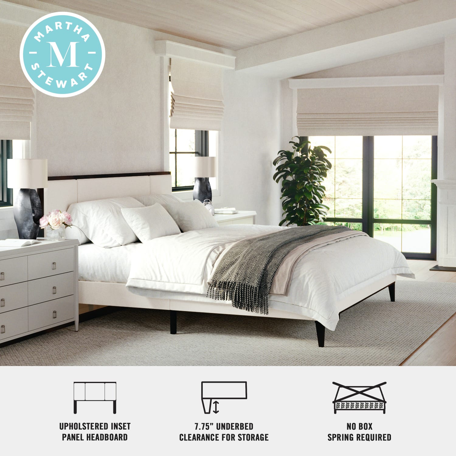 Martha Stewart Jett Solid Wood Platform Bed with Upholstered Base and Inset Paneled Headboard - MG0900271FKDKBN - Image 4