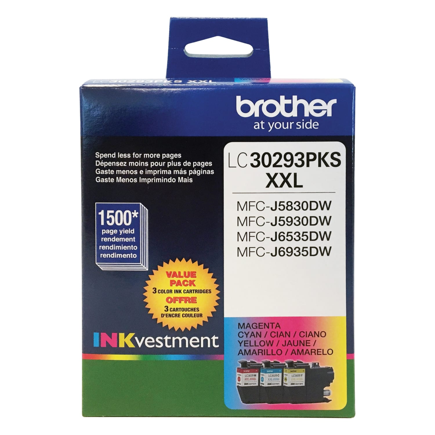 Brother LC3029 Cyan; Magenta; Yellow High-Yield Ink Cartridges, Pack Of 3, LC30293PKS