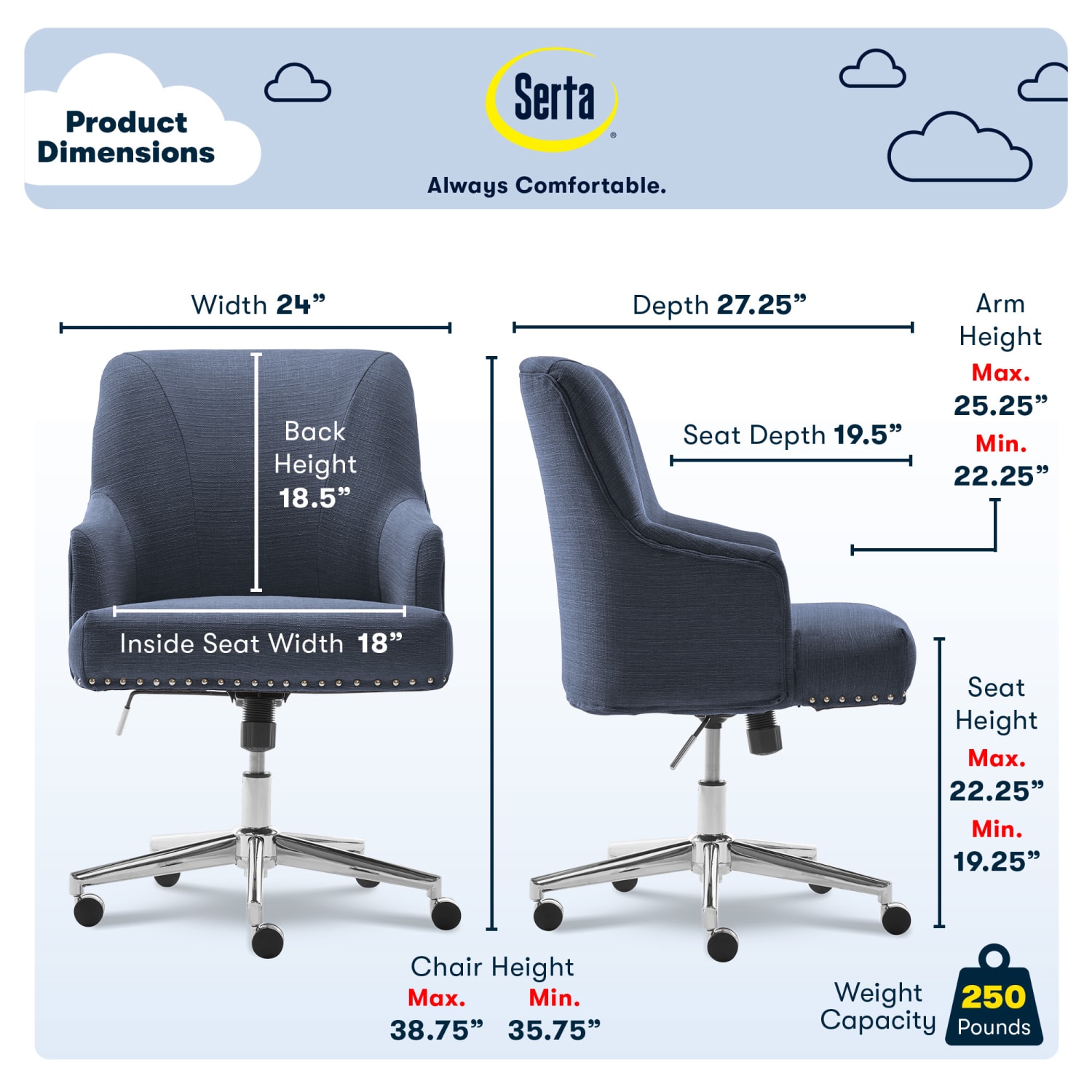 Serta Leighton Home MidBack Office Chair Twill Fabric BlueChrome PopularChairscom Serta Leighton Home Mid Back Office Chair Twill Fabric BlueChrome PopularChairscom