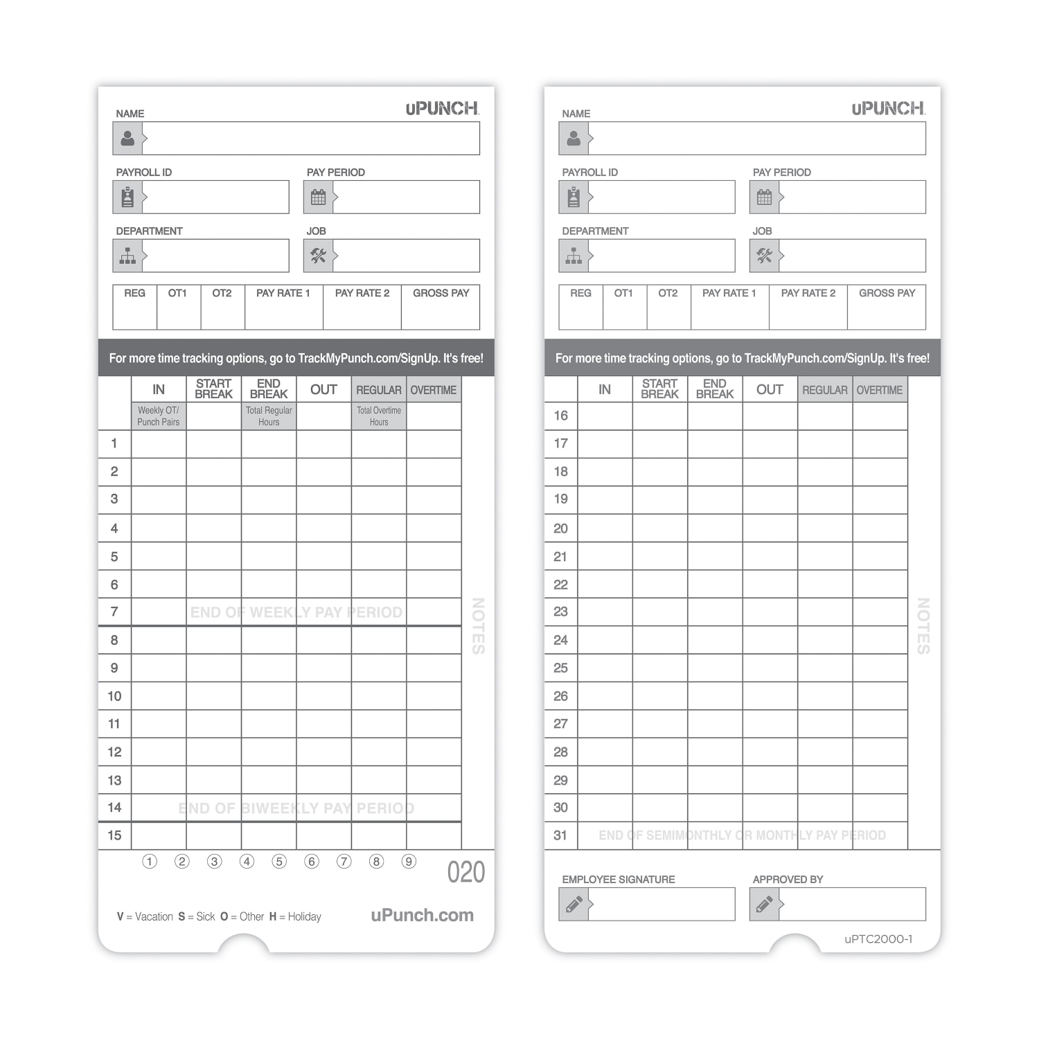 uPunch Time Cards, 2-Sided, 3.5in x 7.5in, Gray, Pack Of 50, HNTCL2050 - Image 3
