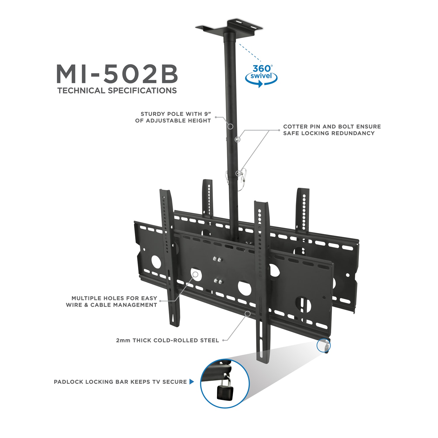Mount-It! MI-502B Dual Front & Back TV Ceiling Mount For Screens 37 - 75in, 42inH x 32inW x 2-1/2inD, Black - Image 5
