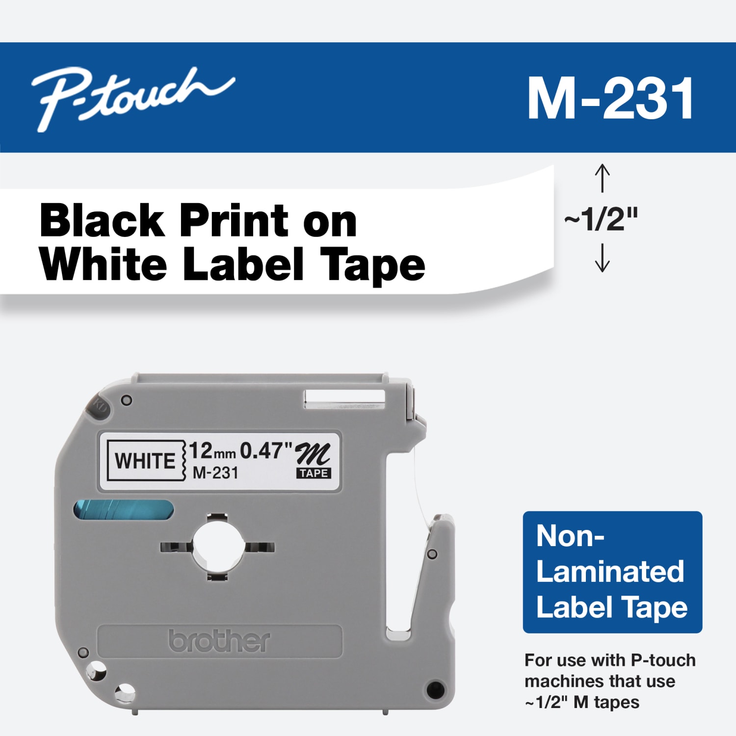 Brother M-231 Black-On-White Tape, 0.47in x 26.2ft - Image 3