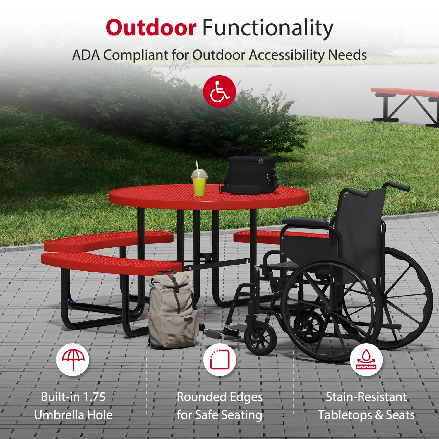 Leisure Craft Round ADA Outdoor Picnic Table, 29-1/4inH x 63-1/2inW x 81inD, Black/Red - Image 4