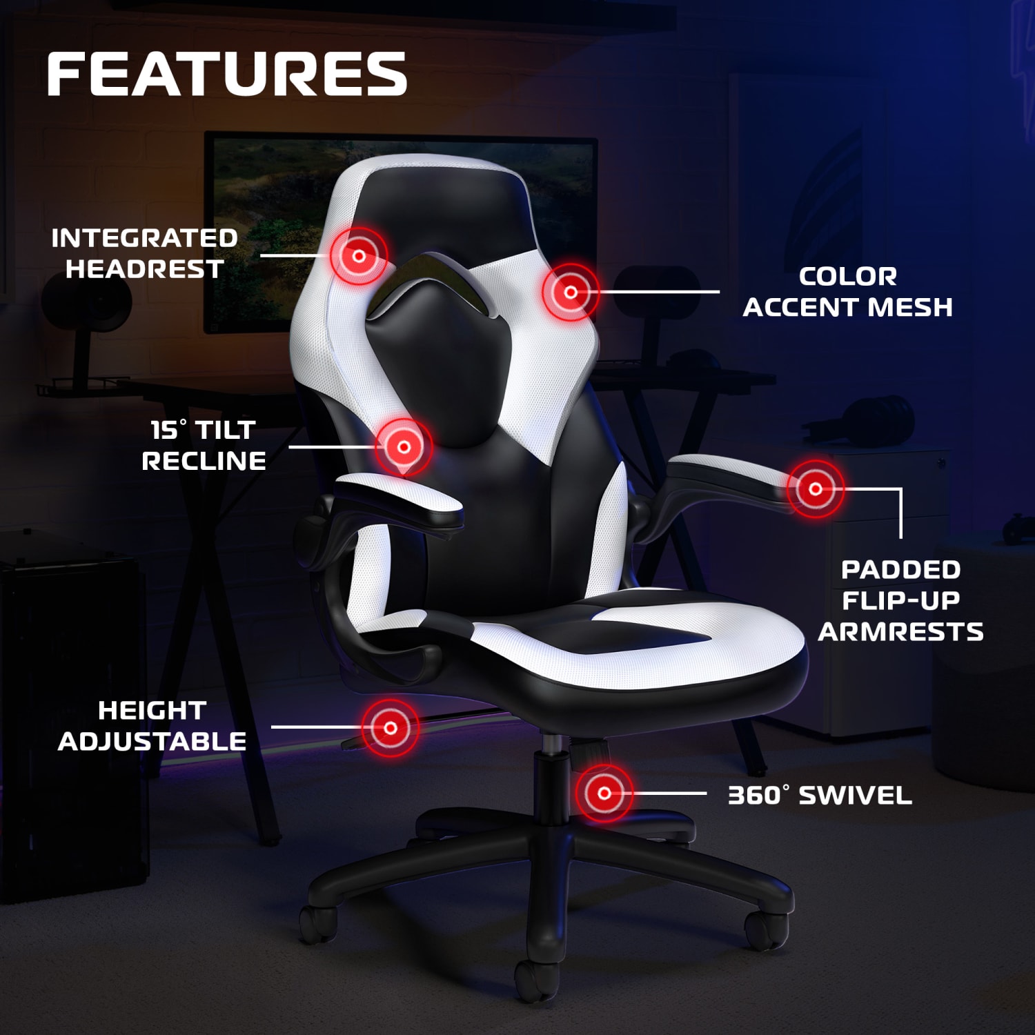 Respawn Racing Style Ergonomic Bonded Leather Computer Gaming Chair, White - Image 7