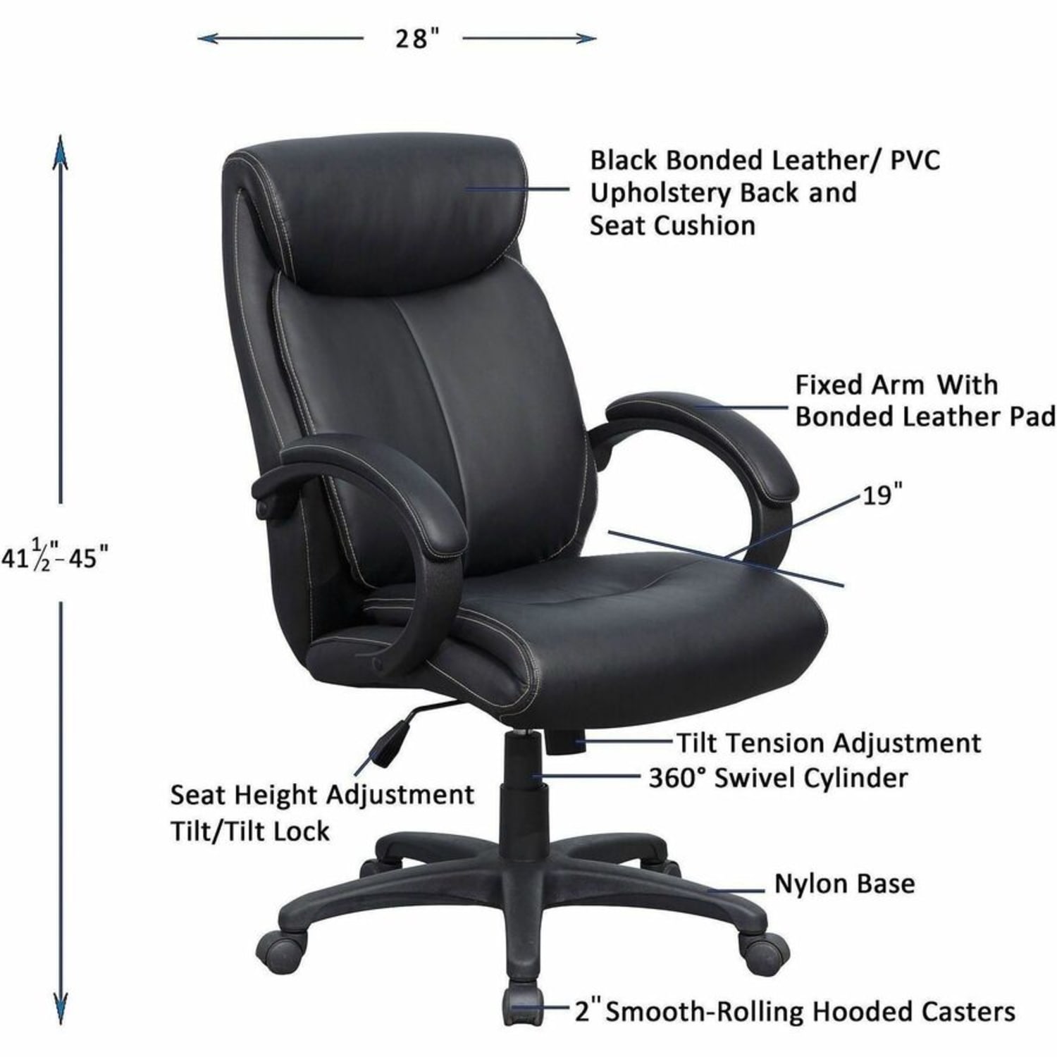 Lorell Ergonomic Bonded Leather High-Back Executive Chair, Loop Arms, Black - Image 6